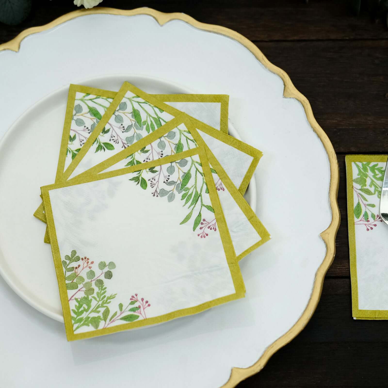 24-Pack Paper Dinner Napkins 2 Ply White Tropical Greenery with Eucalyptus Design 5" - Soft Disposable Cocktail Napkins for Weddings 18GSM