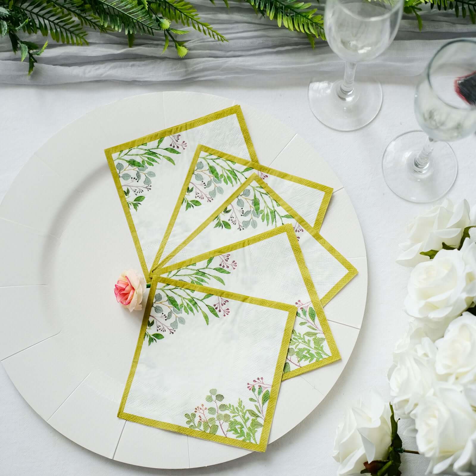 24-Pack Paper Dinner Napkins 2 Ply White Tropical Greenery with Eucalyptus Design 5" - Soft Disposable Cocktail Napkins for Weddings 18GSM - Image 2