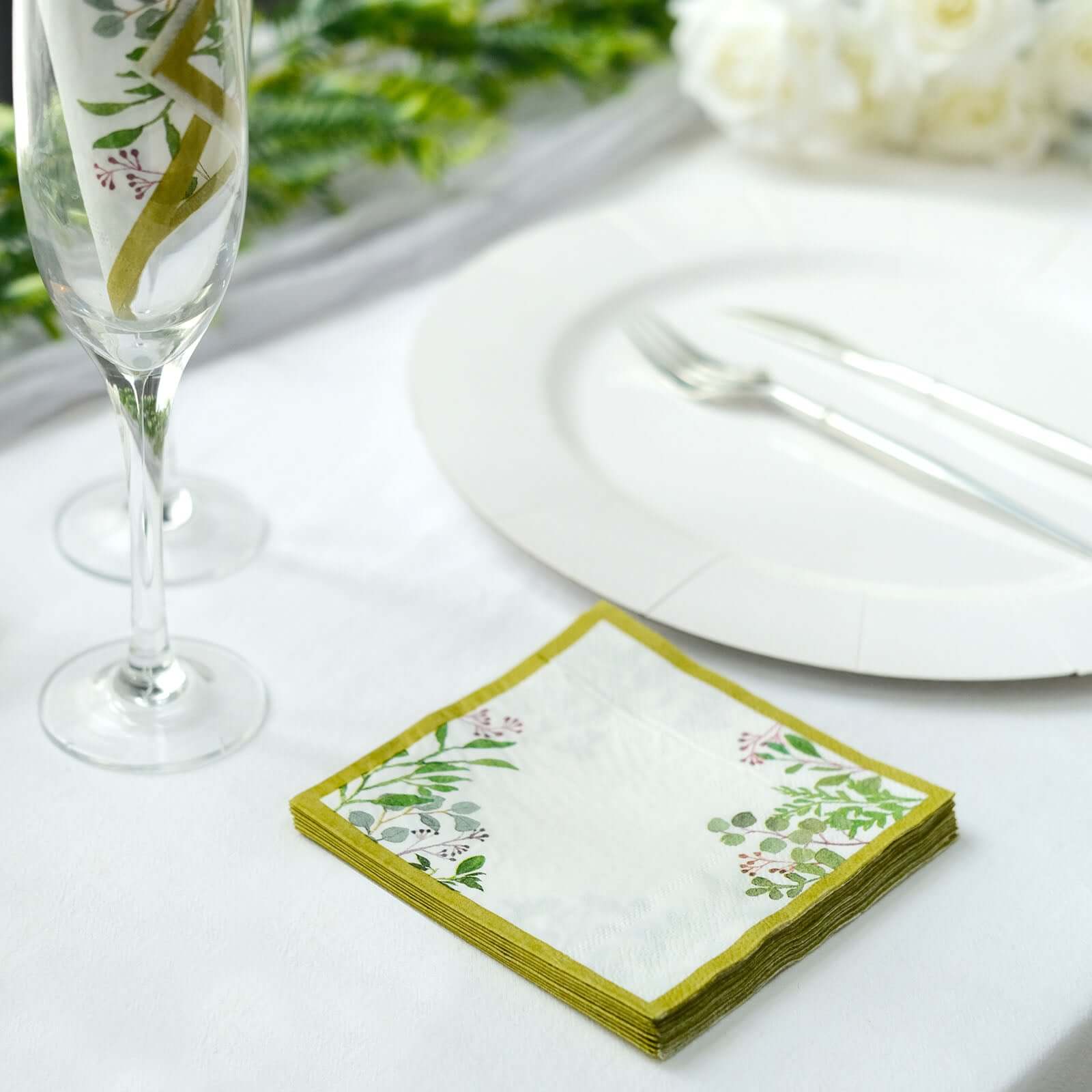 24-Pack Paper Dinner Napkins 2 Ply White Tropical Greenery with Eucalyptus Design 5" - Soft Disposable Cocktail Napkins for Weddings 18GSM - Image 9