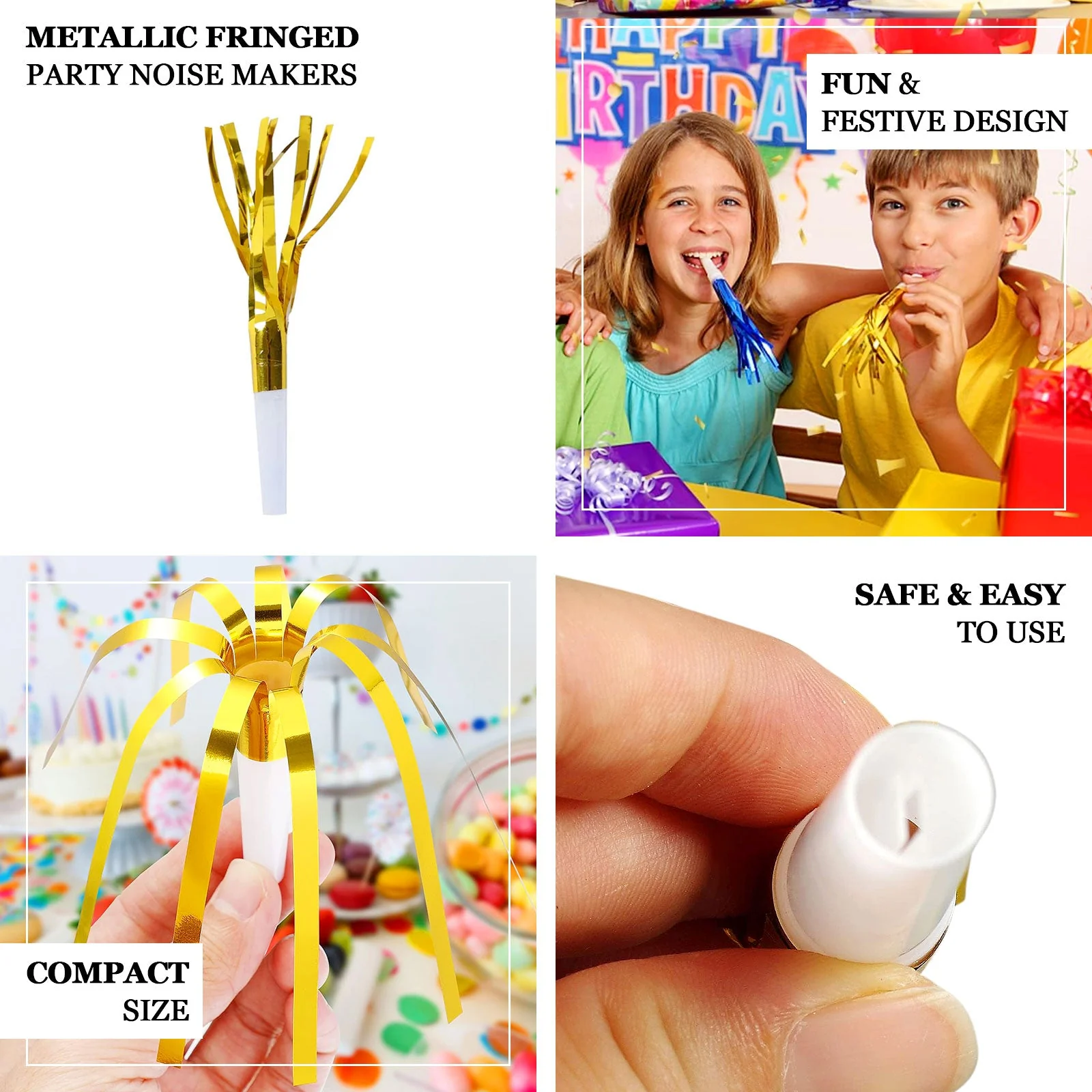 24 Pack Party Horn Noisemakers with Tassels - Gold Metallic Fringed Blowouts for Events and Gatherings - Plastic & Foil Design, 7" - Image 3