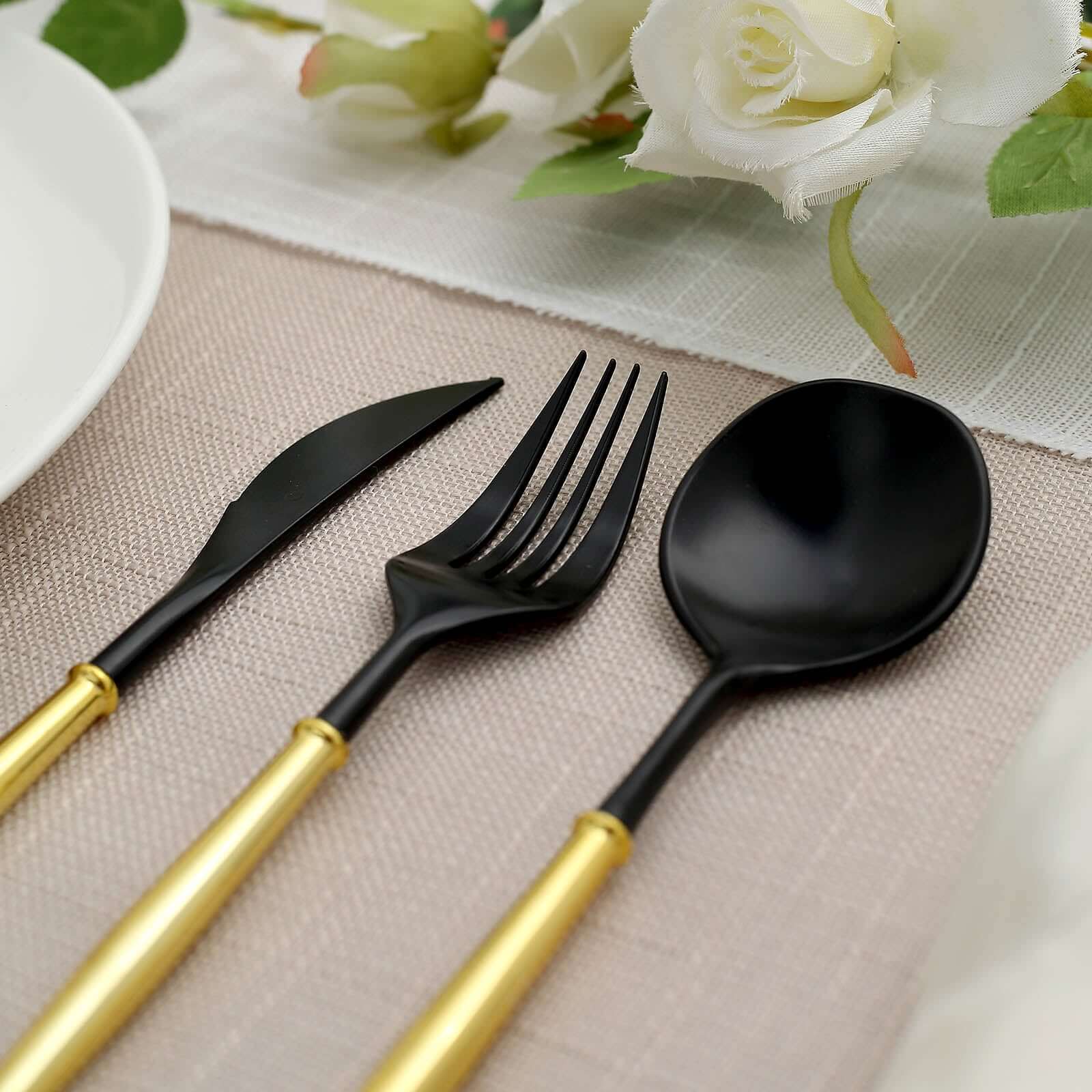 24-Pack Plastic Flatware Set 8" Black with Gold Handle - Modern Heavy Duty Disposable Silverware - Image 2