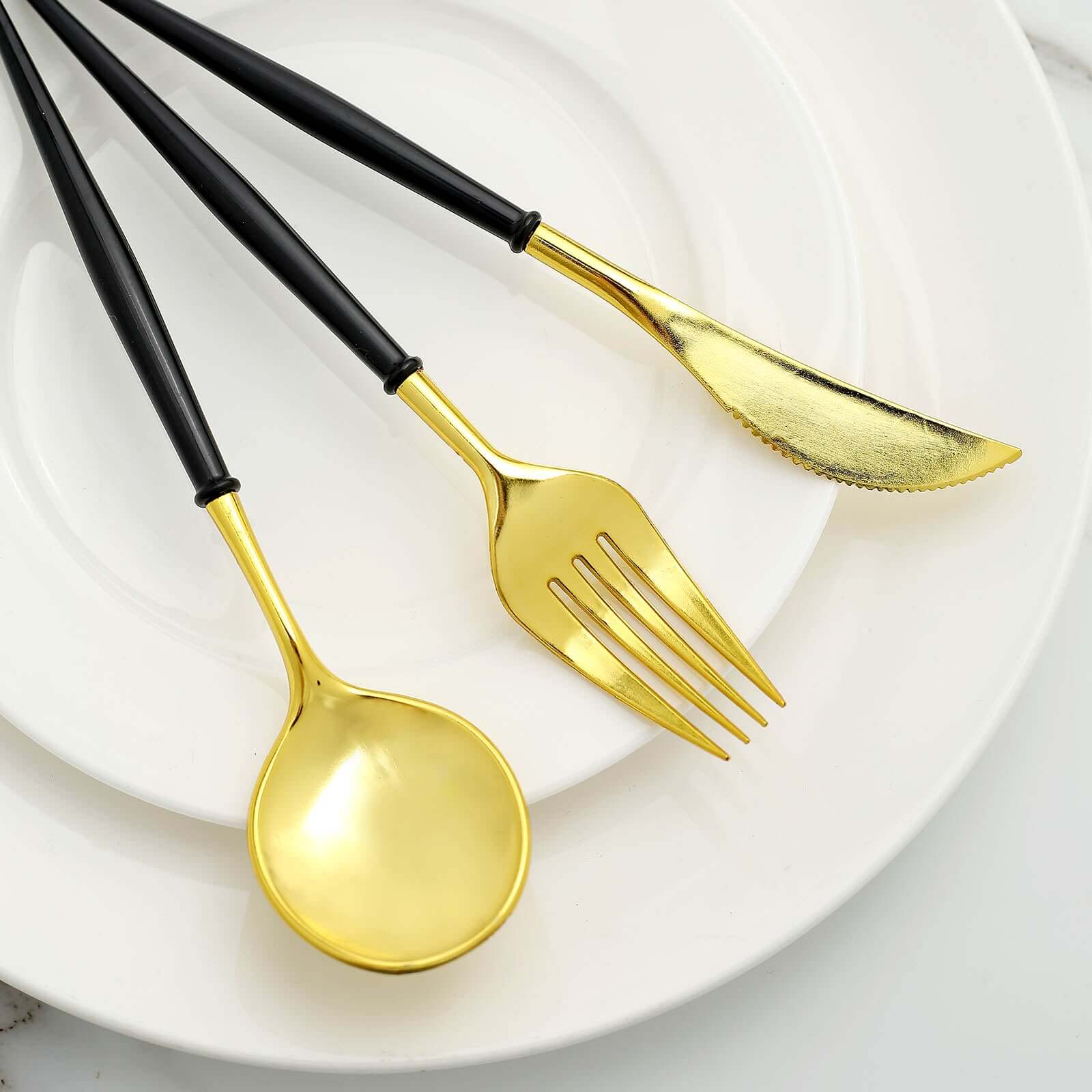 24-Pack Plastic Flatware Set 8" Gold with Black Handle - Modern Heavy Duty Disposable Silverware - Image 2