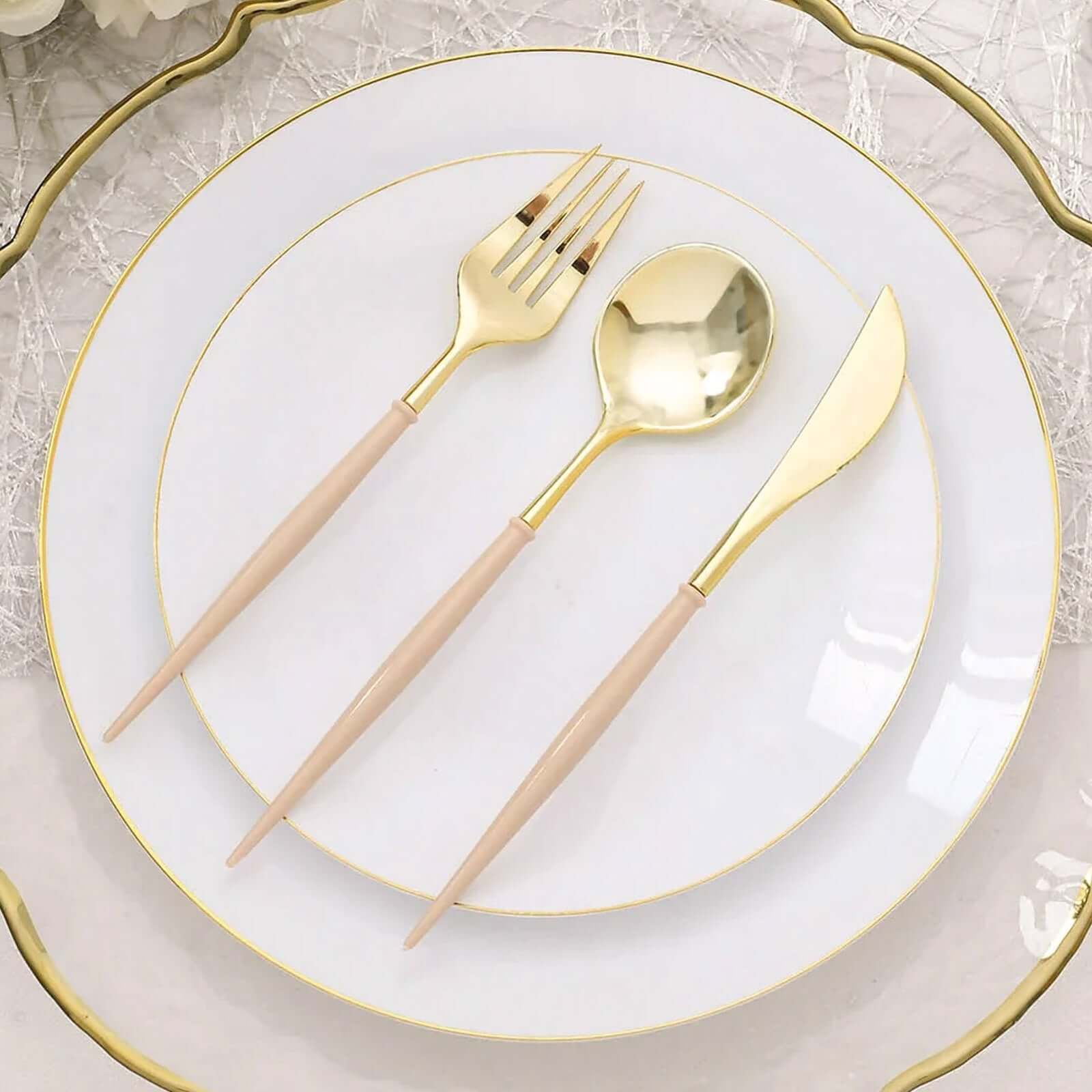 24-Pack Plastic Flatware Set 8" Metallic Gold with Beige Handle - Modern Heavy Duty Disposable Silverware - Image 10