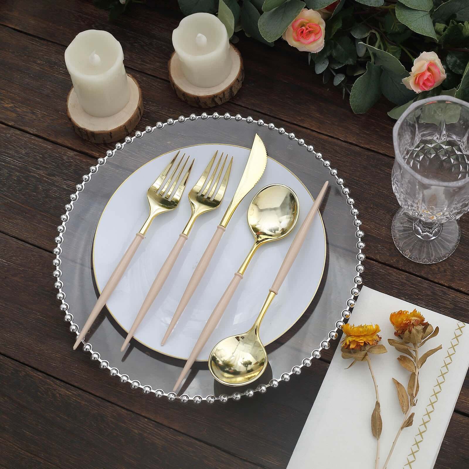 24-Pack Plastic Flatware Set 8" Metallic Gold with Beige Handle - Modern Heavy Duty Disposable Silverware - Image 7