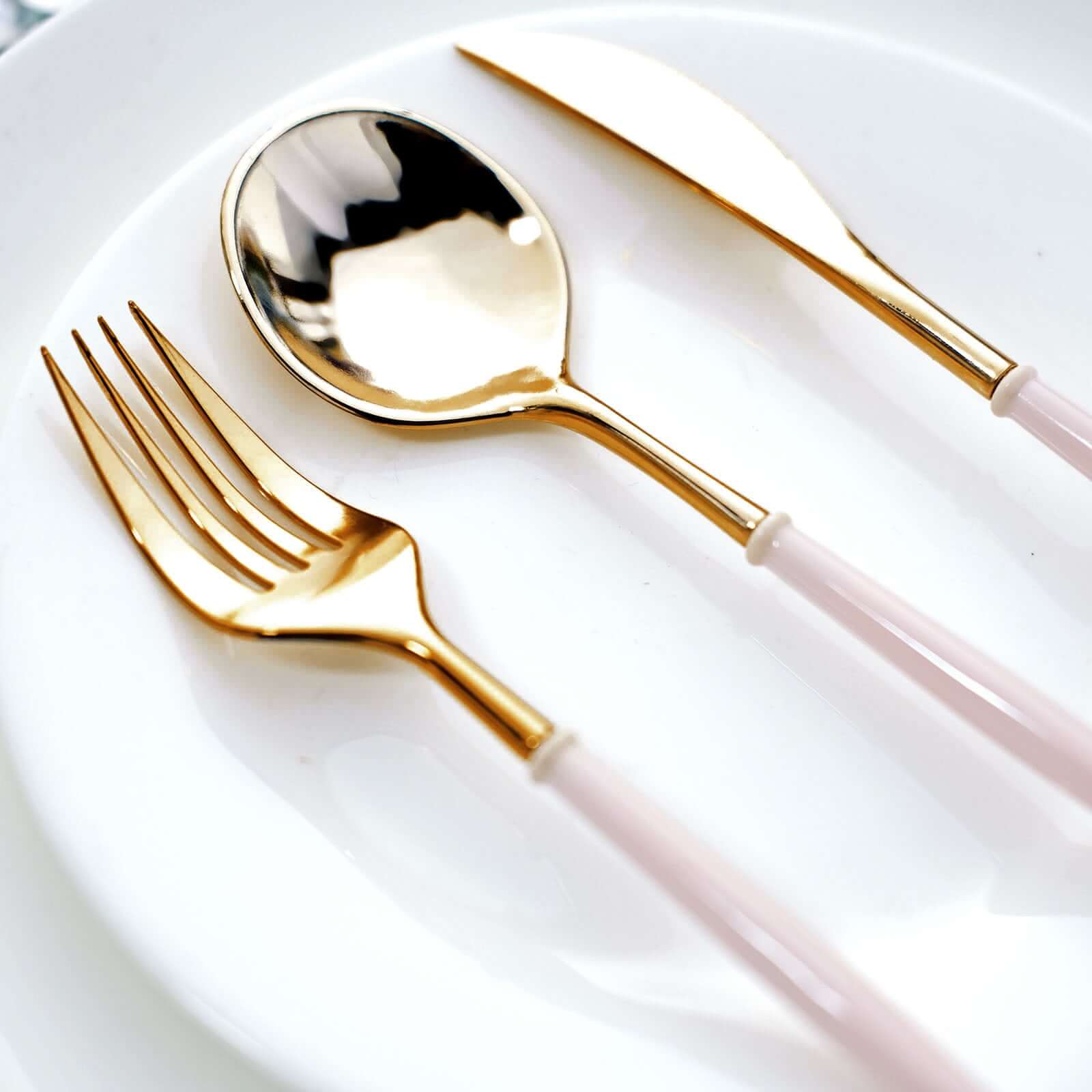 24-Pack Plastic Flatware Set 8" Metallic Gold with Blush Handle - Modern Heavy Duty Disposable Silverware - Image 13