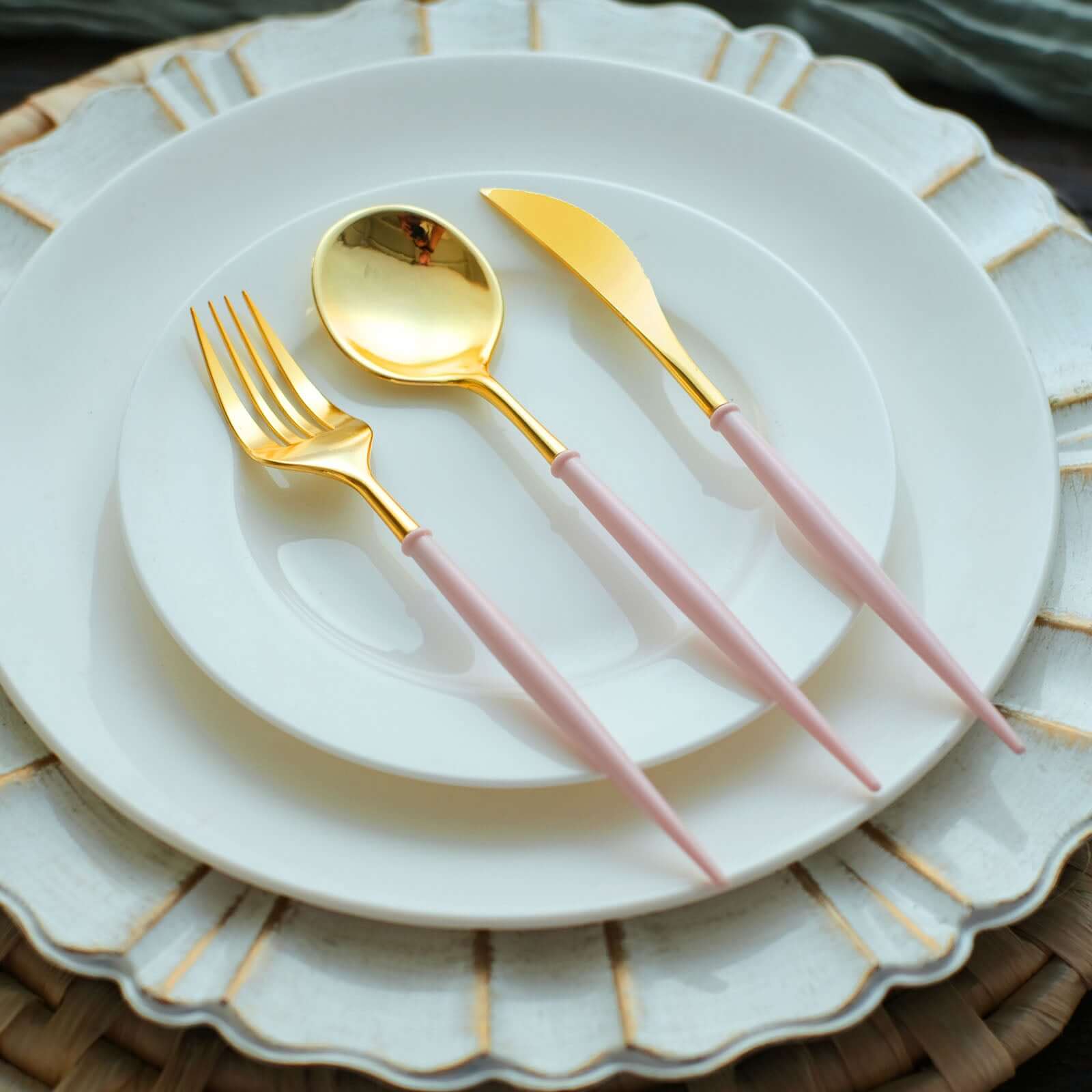 24-Pack Plastic Flatware Set 8" Metallic Gold with Blush Handle - Modern Heavy Duty Disposable Silverware - Image 16