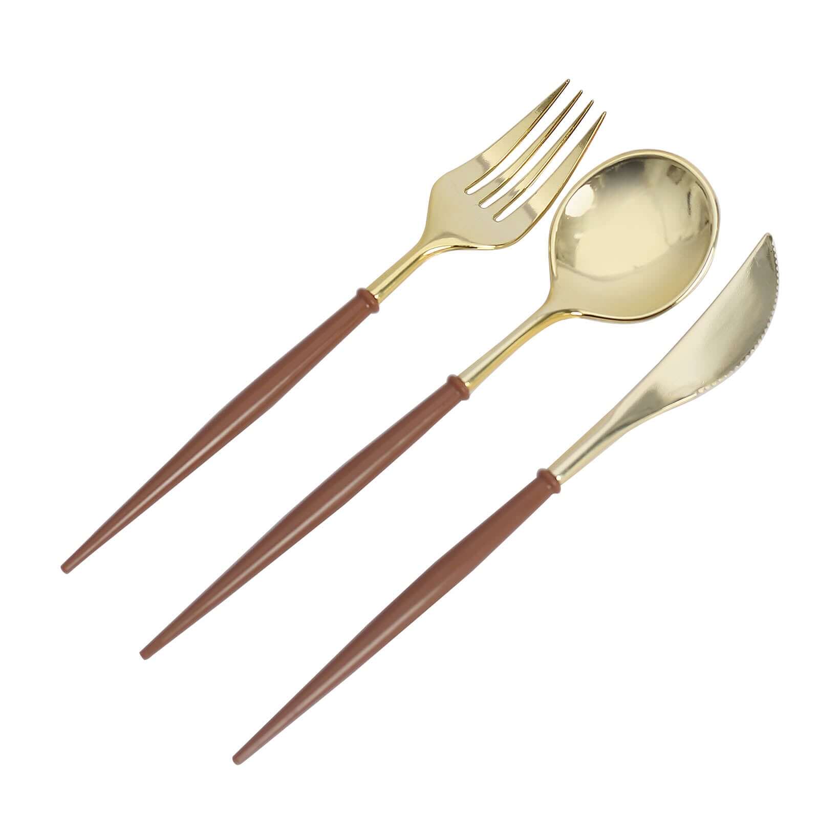 24-Pack Plastic Flatware Set 8" Metallic Gold with Brown Handle - Modern Heavy Duty Disposable Silverware - Image 6
