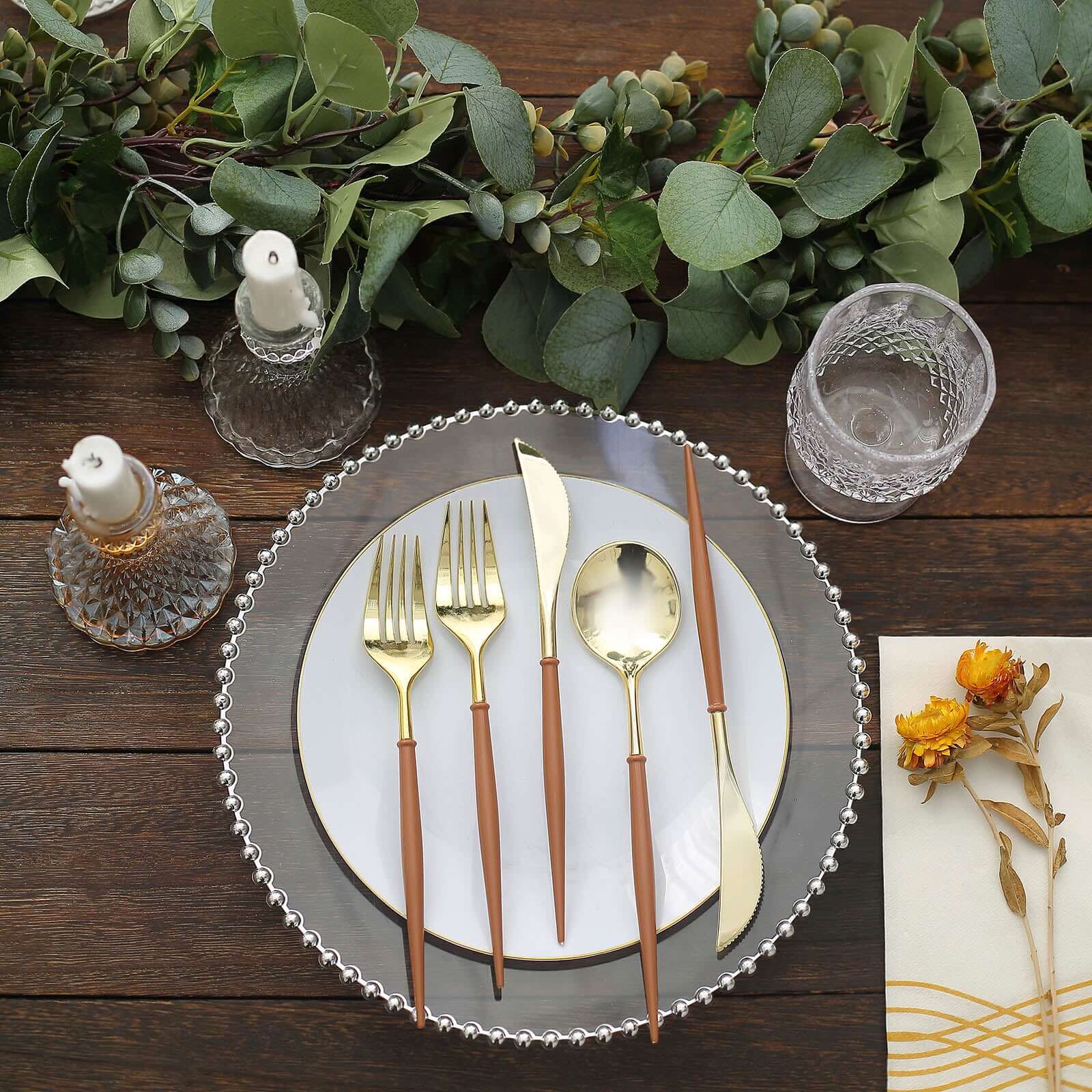 24-Pack Plastic Flatware Set 8" Metallic Gold with Brown Handle - Modern Heavy Duty Disposable Silverware - Image 7