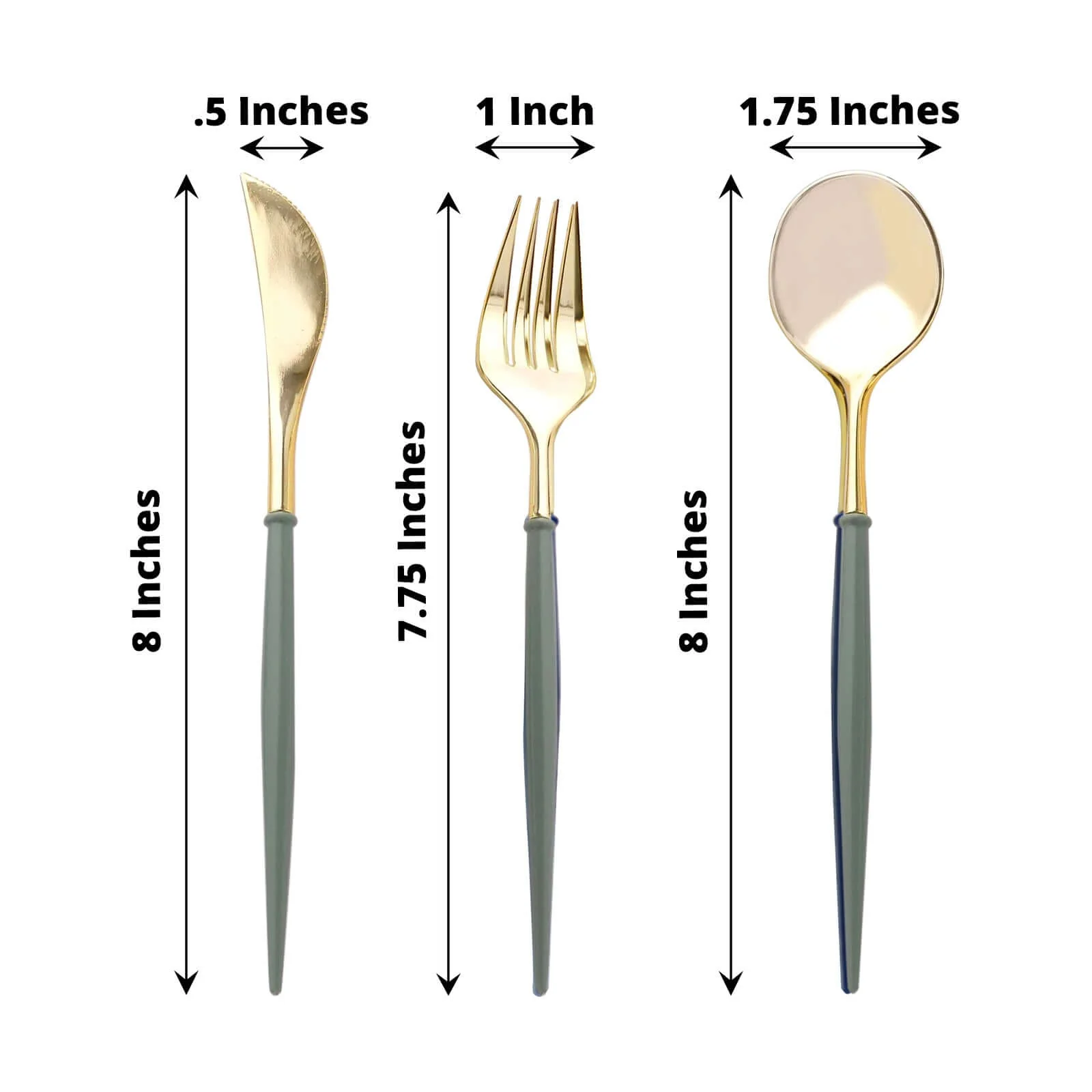 24-Pack Plastic Flatware Set 8" Metallic Gold with Dusty Sage Green Handle - Modern Heavy Duty Disposable Silverware - Image 3