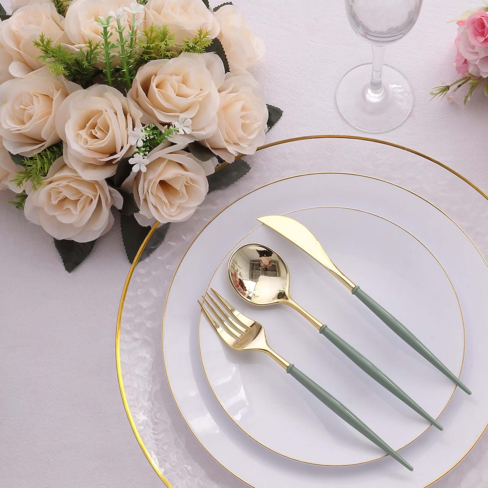 24-Pack Plastic Flatware Set 8" Metallic Gold with Dusty Sage Green Handle - Modern Heavy Duty Disposable Silverware - Image 7