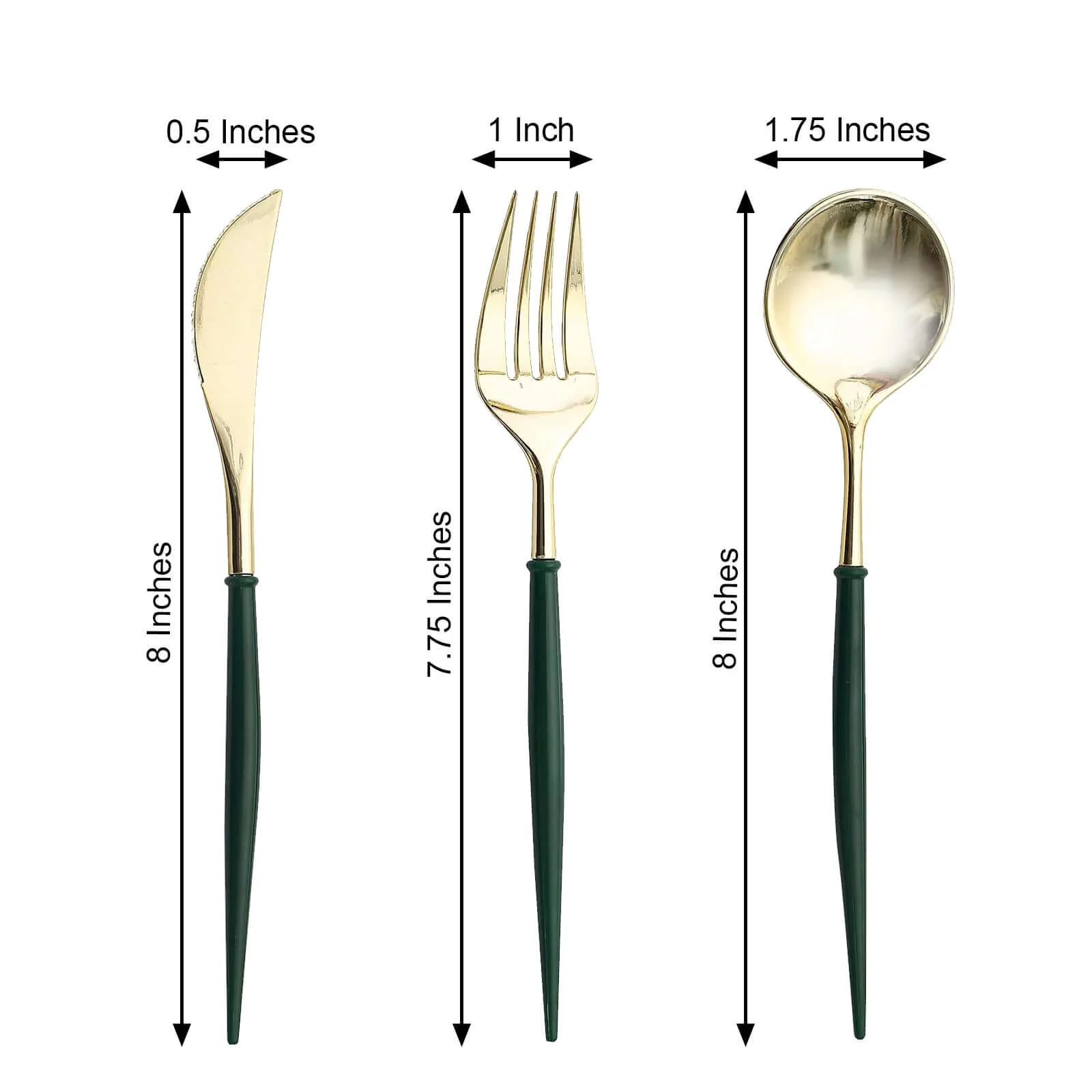 24-Pack Plastic Flatware Set 8" Metallic Gold with Hunter Emerald Green Handle - Modern Heavy Duty Disposable Silverware - Image 3