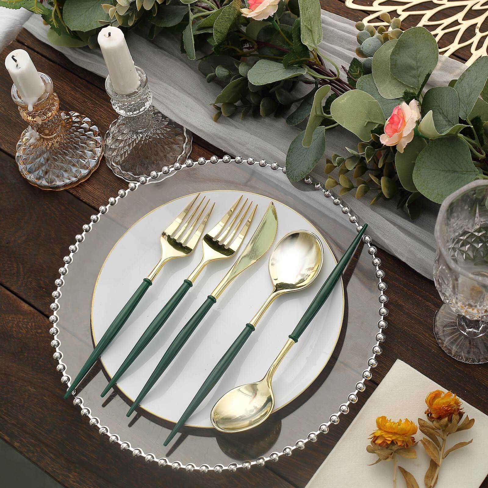 24-Pack Plastic Flatware Set 8" Metallic Gold with Hunter Emerald Green Handle - Modern Heavy Duty Disposable Silverware - Image 7