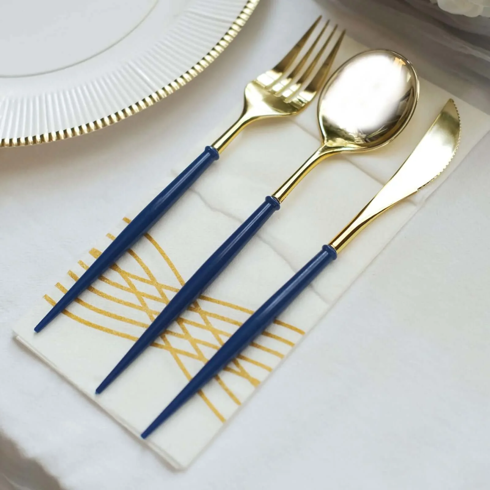24-Pack Plastic Flatware Set 8" Metallic Gold with Royal Blue Handle - Modern Heavy Duty Disposable Silverware