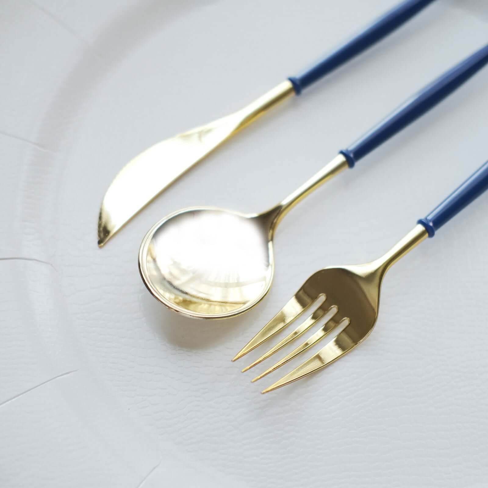 24-Pack Plastic Flatware Set 8" Metallic Gold with Royal Blue Handle - Modern Heavy Duty Disposable Silverware - Image 2