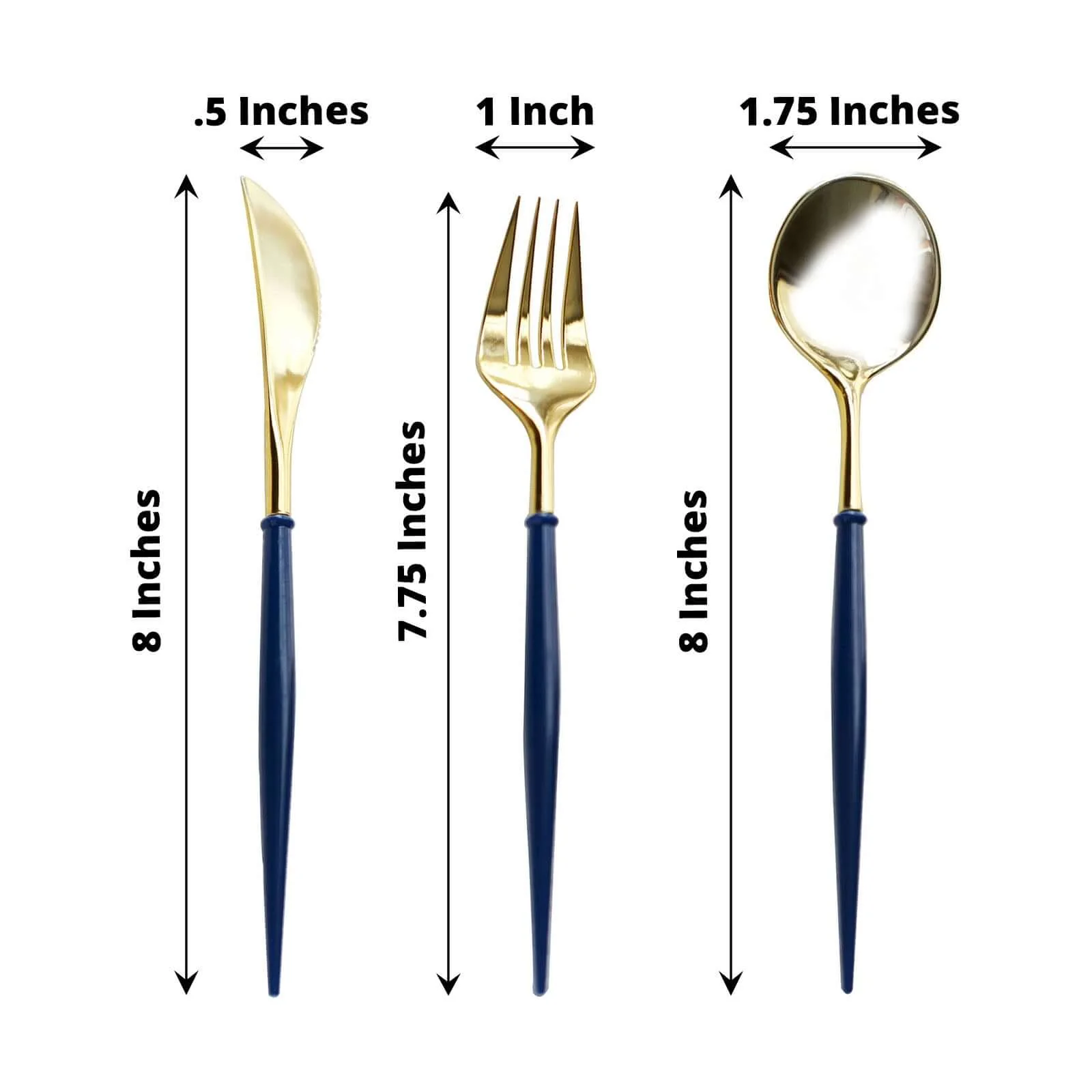 24-Pack Plastic Flatware Set 8" Metallic Gold with Royal Blue Handle - Modern Heavy Duty Disposable Silverware - Image 3