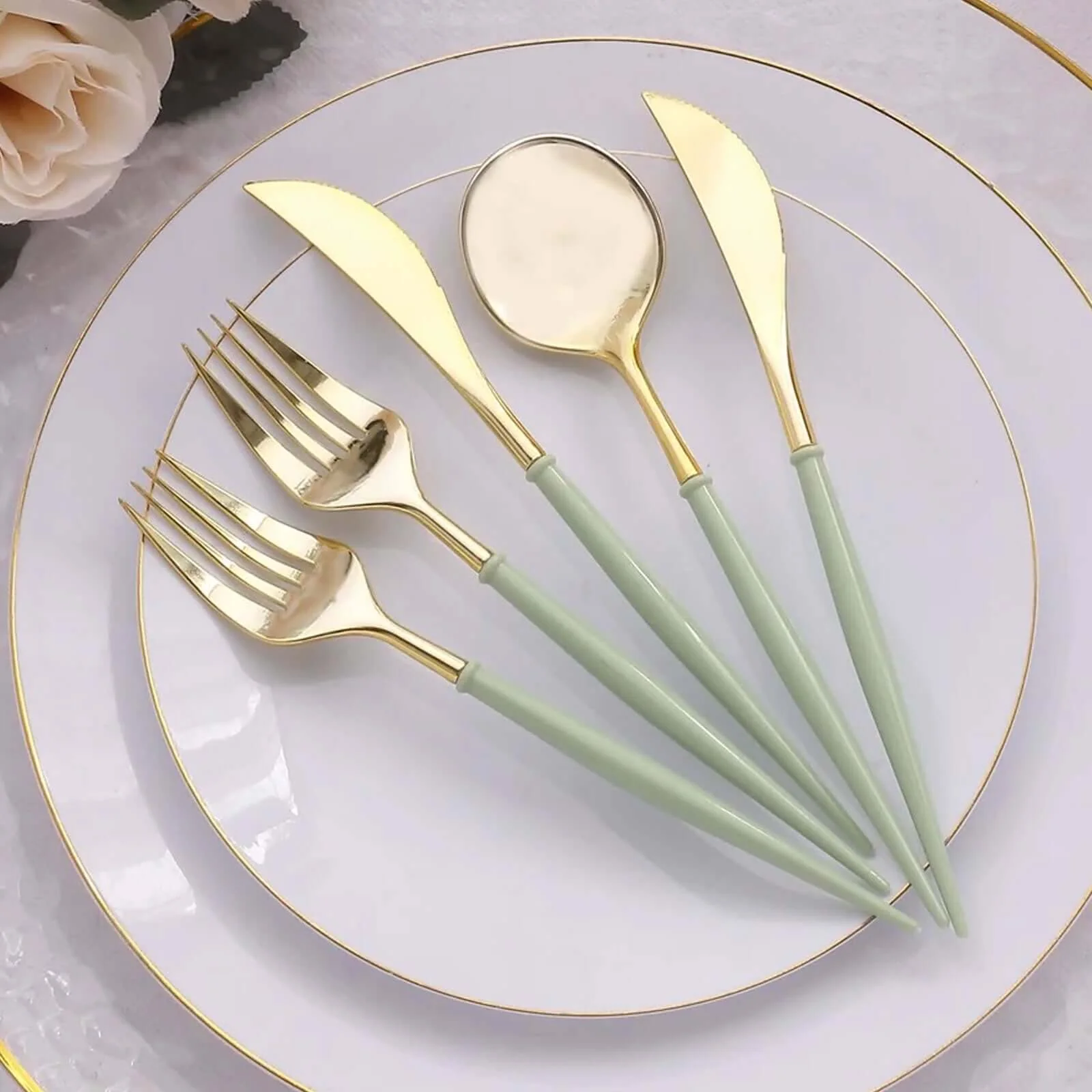 24-Pack Plastic Flatware Set 8" Metallic Gold with Sage Green Handle - Modern Heavy Duty Disposable Silverware - Image 2