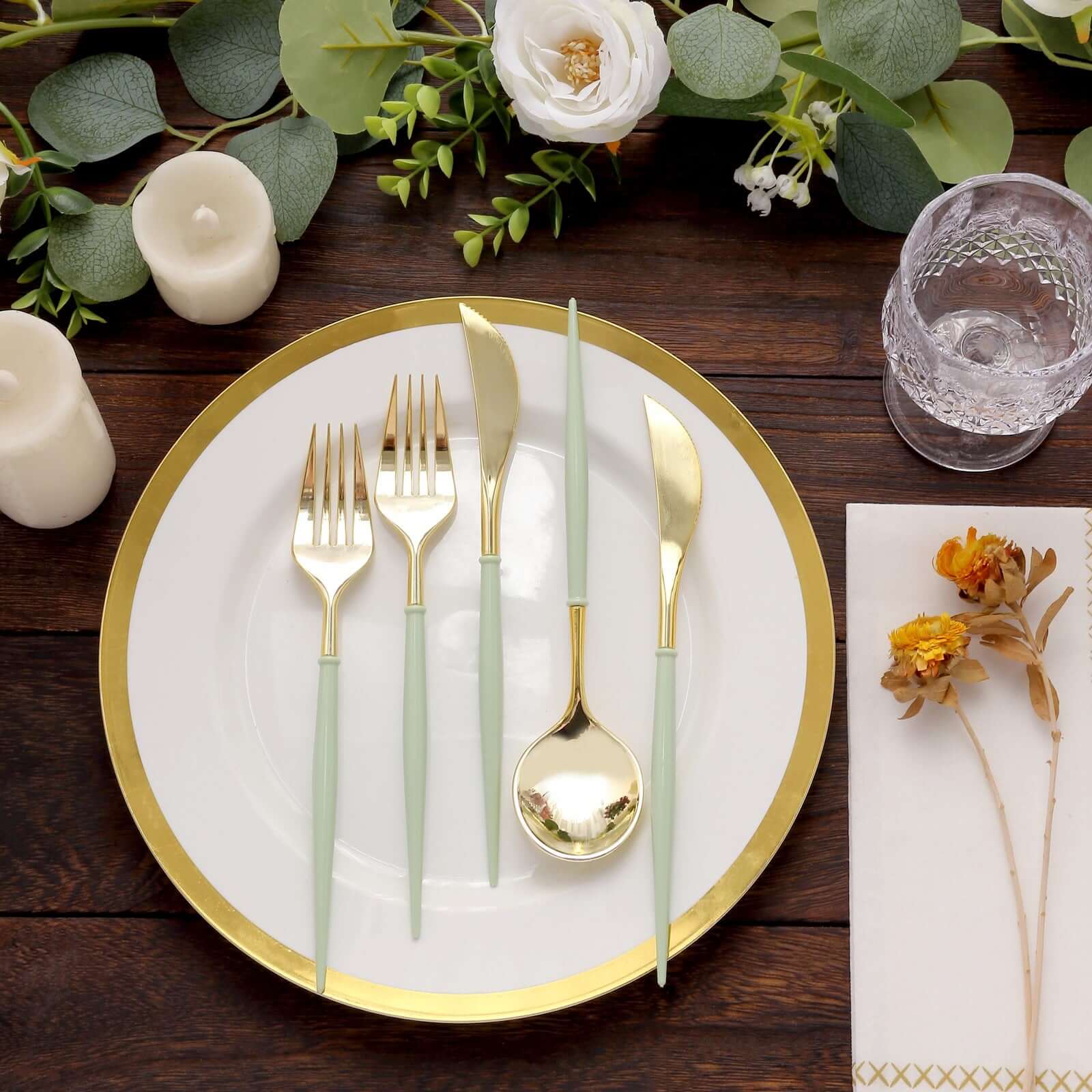 24-Pack Plastic Flatware Set 8" Metallic Gold with Sage Green Handle - Modern Heavy Duty Disposable Silverware - Image 7