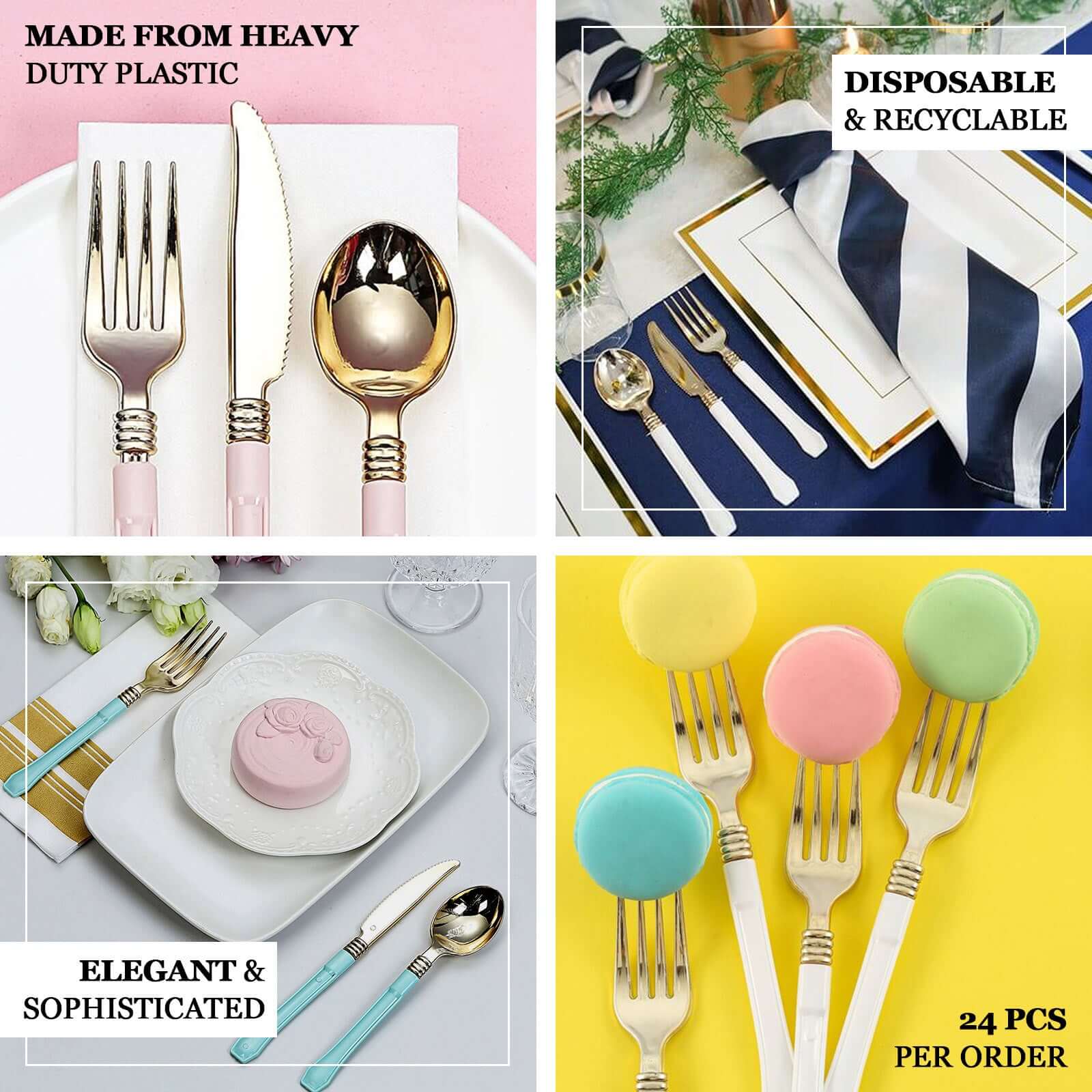 24-Pack Plastic Forks 7" Gold with White Handles - Heavy Duty Food Grade Modern Disposable Silverware for Parties & Gatherings - Image 4