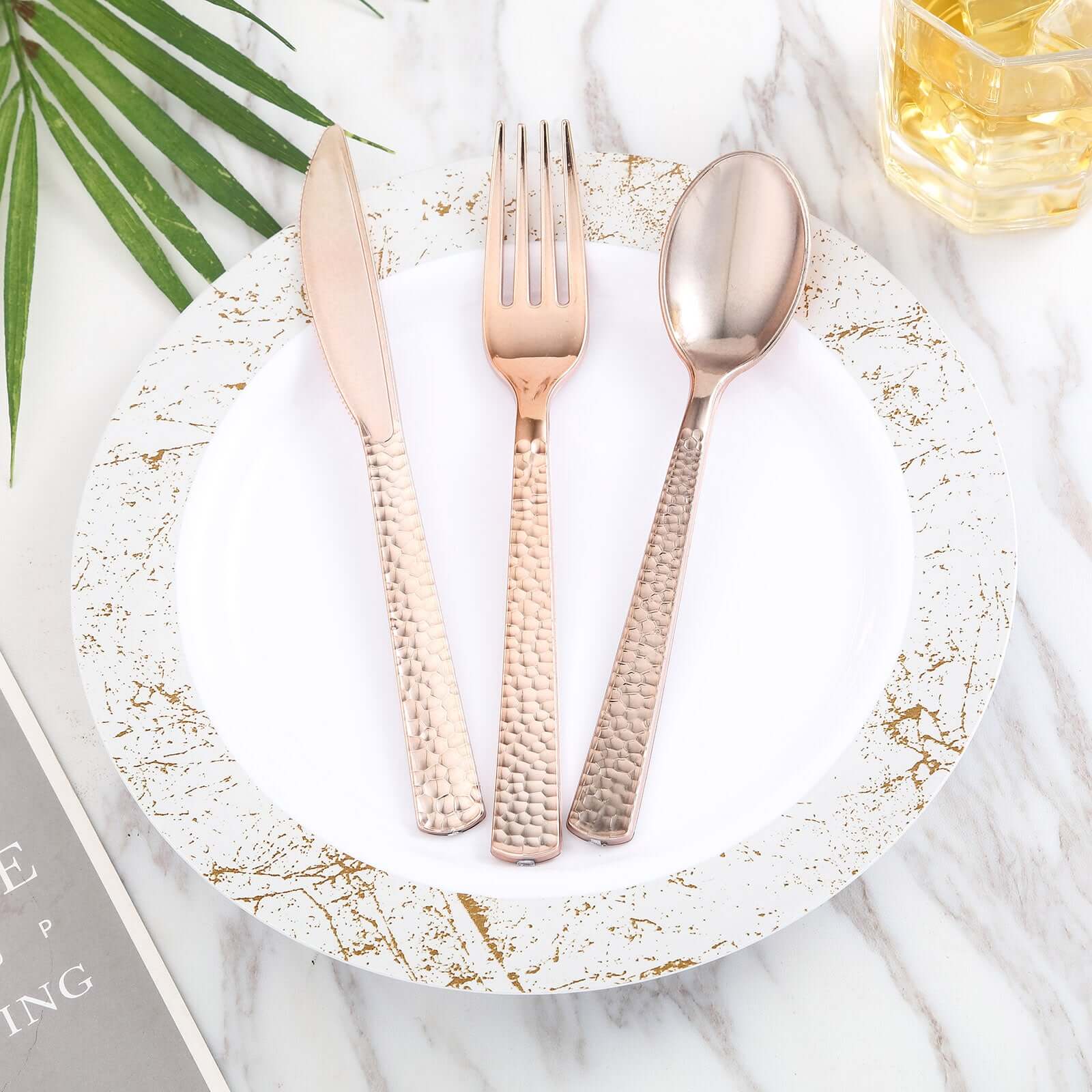 24-Pack Plastic Forks 7" Rose Gold with Hammered Style - Heavy Duty Disposable Silverware - Image 6