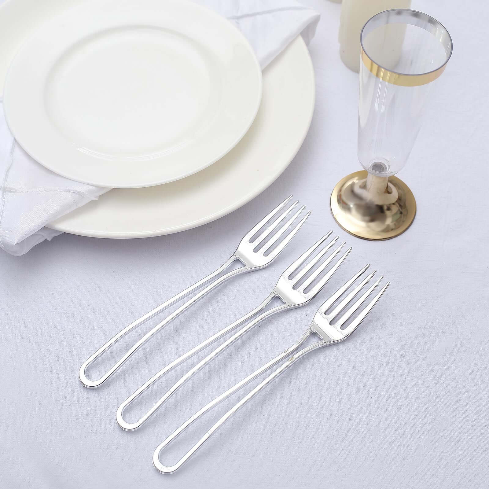24-Pack Plastic Forks 7" Silver with Modern Hollow Handle Design - Disposable Utensils - Image 2