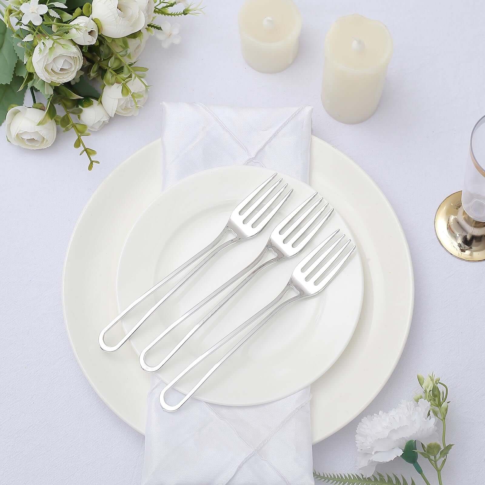 24-Pack Plastic Forks 7" Silver with Modern Hollow Handle Design - Disposable Utensils - Image 5