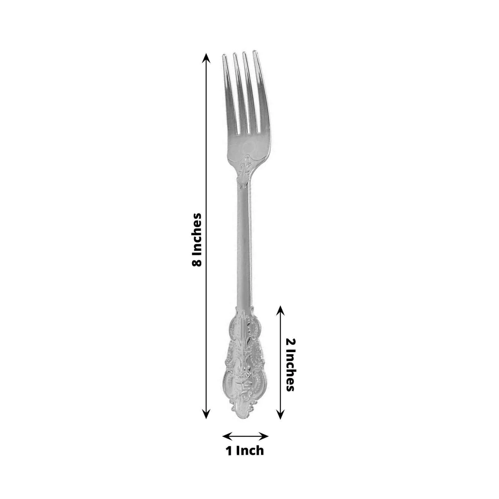 24-Pack Plastic Forks 8" Metallic Silver Baroque Style - Heavy Duty Disposable Silverware - Image 3