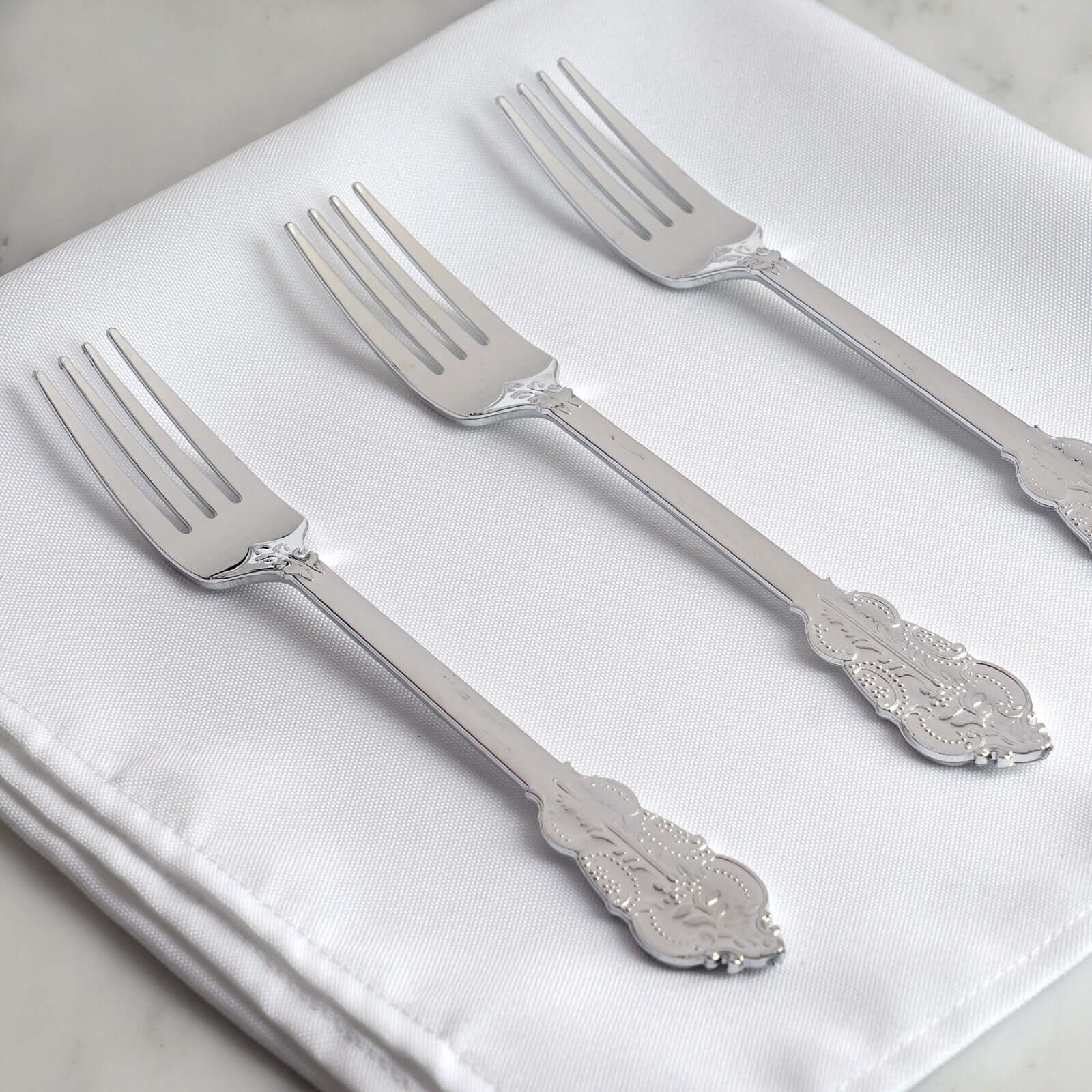 24-Pack Plastic Forks 8" Metallic Silver Baroque Style - Heavy Duty Disposable Silverware - Image 6