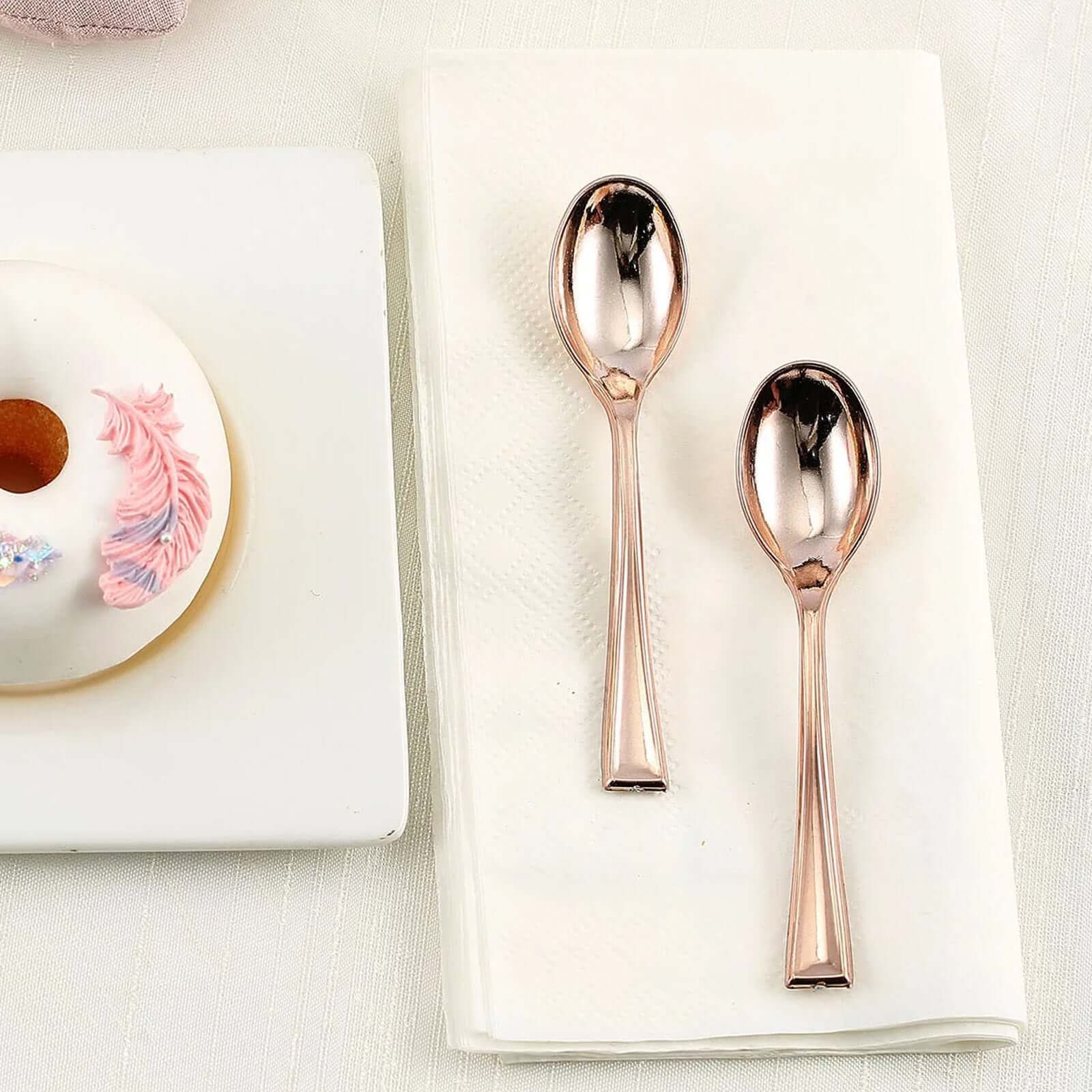 24-Pack Plastic Mini Dessert Spoons 4" Rose Gold - Heavy Duty Disposable Silverware
