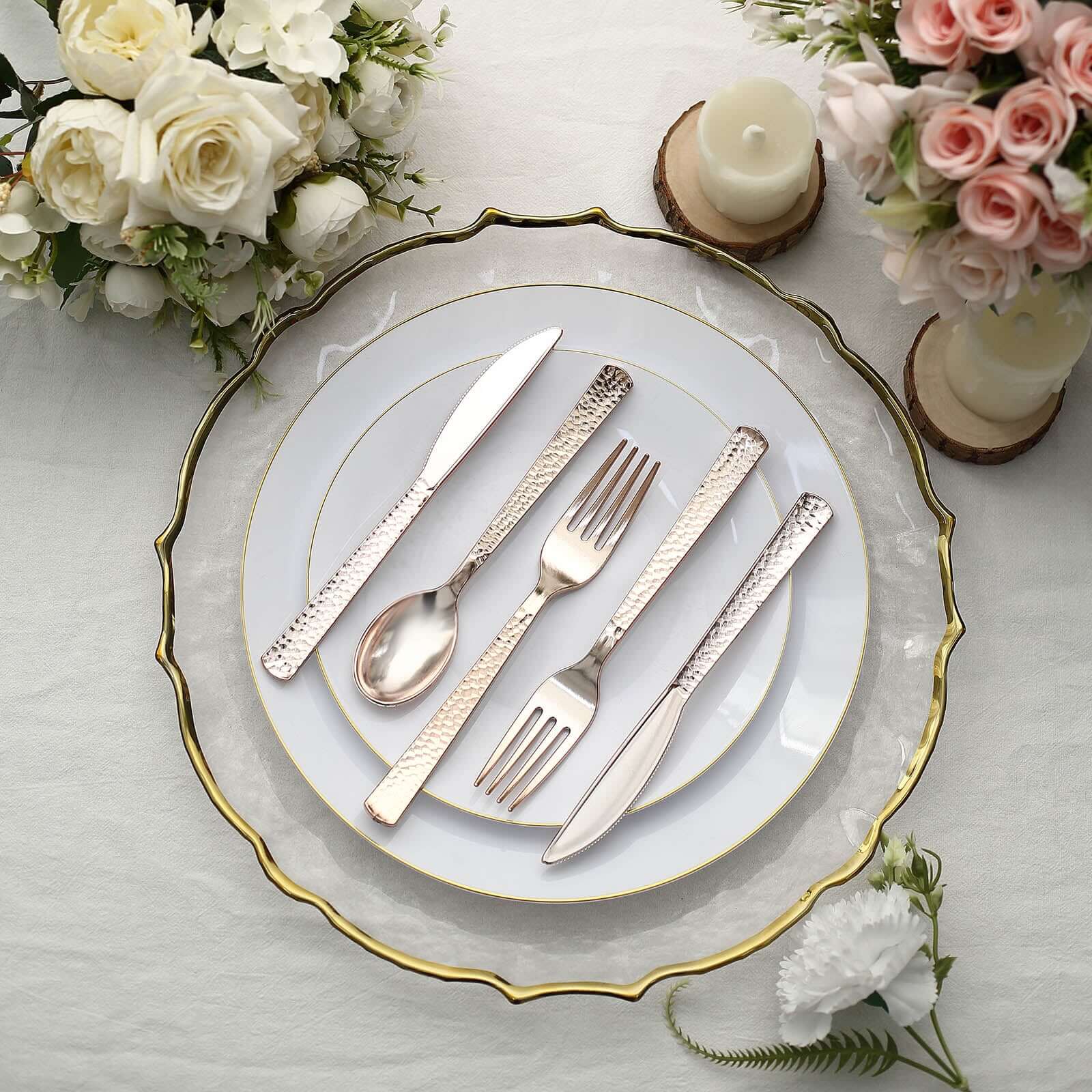 24-Pack Plastic Silverware Set 7" Rose Gold with Hammered Design - Heavy Duty Disposable Utensils - Image 2