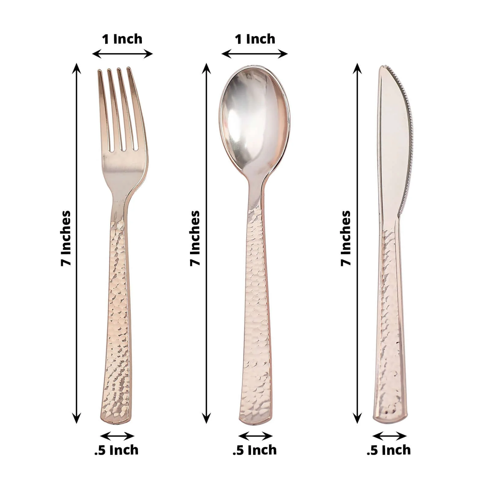 24-Pack Plastic Silverware Set 7" Rose Gold with Hammered Design - Heavy Duty Disposable Utensils - Image 3