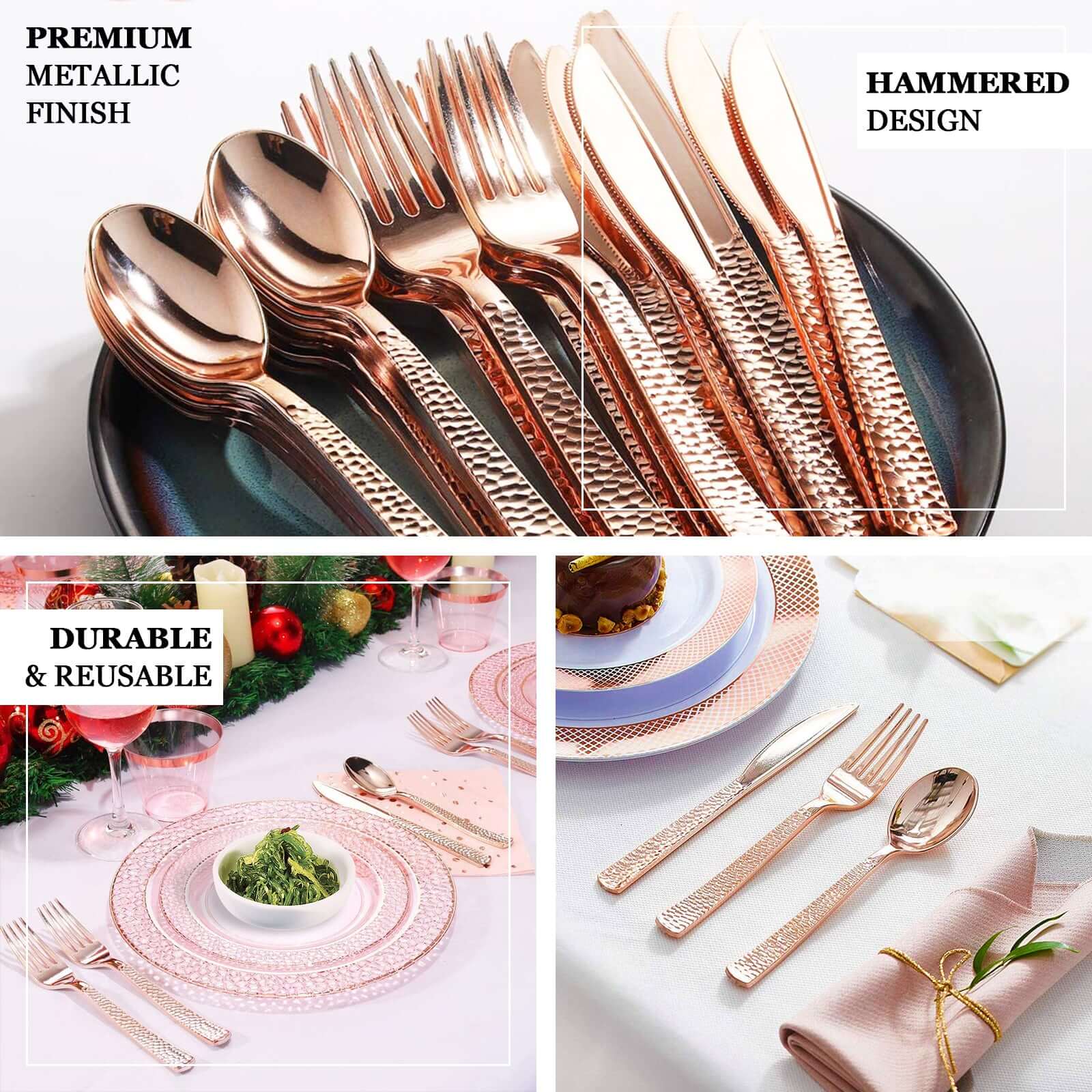 24-Pack Plastic Silverware Set 7" Rose Gold with Hammered Design - Heavy Duty Disposable Utensils - Image 4