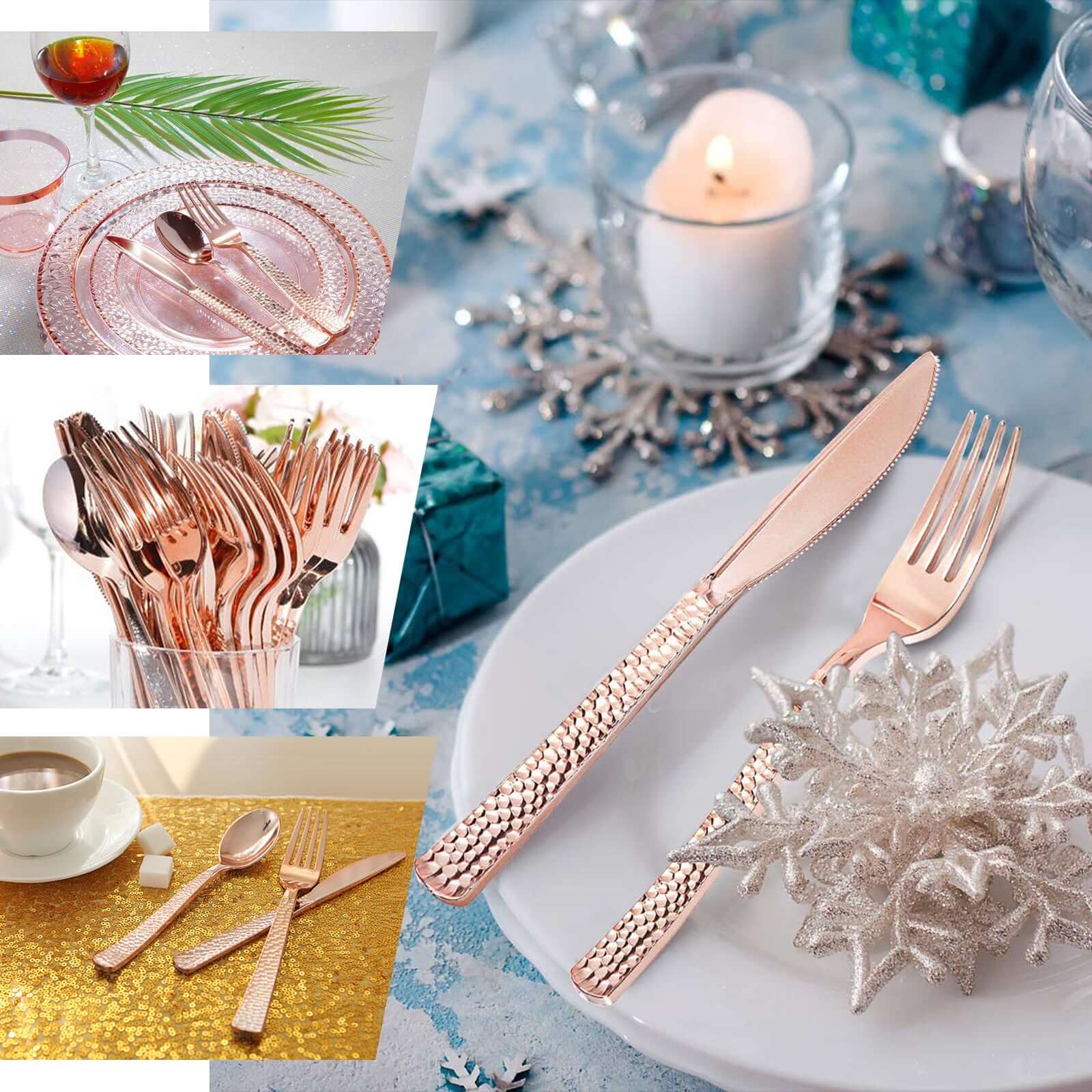 24-Pack Plastic Silverware Set 7" Rose Gold with Hammered Design - Heavy Duty Disposable Utensils - Image 5