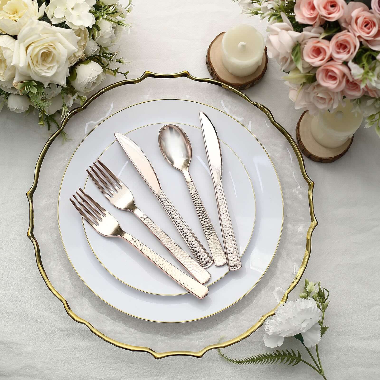 24-Pack Plastic Silverware Set 7" Rose Gold with Hammered Design - Heavy Duty Disposable Utensils - Image 7