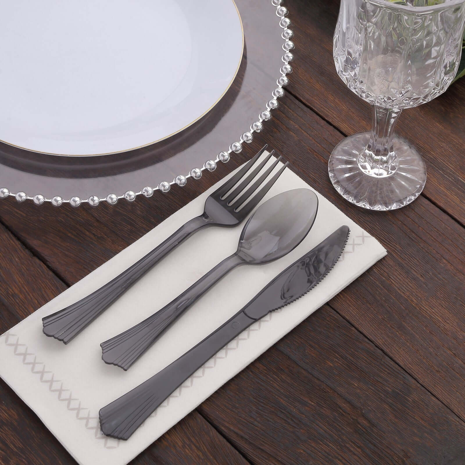 24-Pack Plastic Silverware Set 7" Transparent Black with Fan Flared Tip Handle - Heavy Duty Disposable Fork, Spoon, and Knife