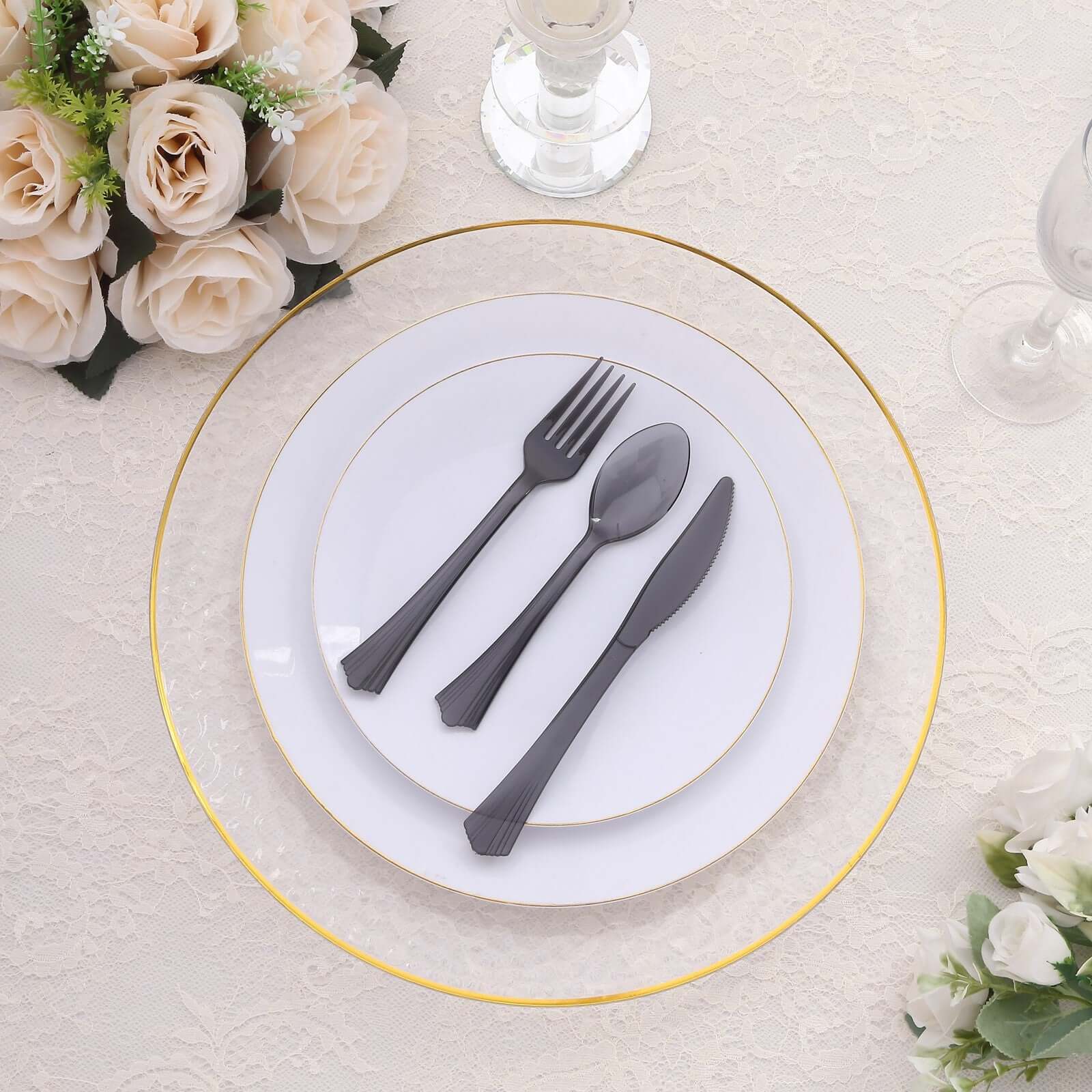 24-Pack Plastic Silverware Set 7" Transparent Black with Fan Flared Tip Handle - Heavy Duty Disposable Fork, Spoon, and Knife - Image 10