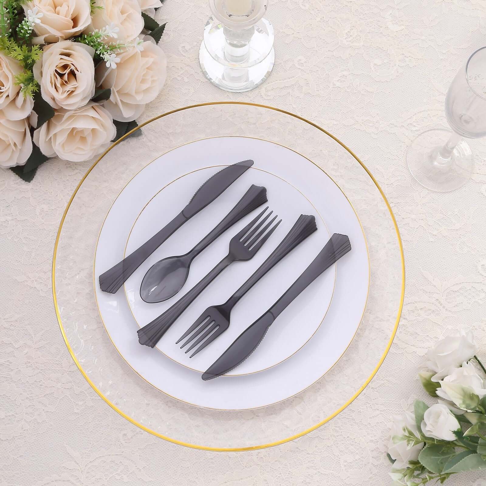 24-Pack Plastic Silverware Set 7" Transparent Black with Fan Flared Tip Handle - Heavy Duty Disposable Fork, Spoon, and Knife - Image 11