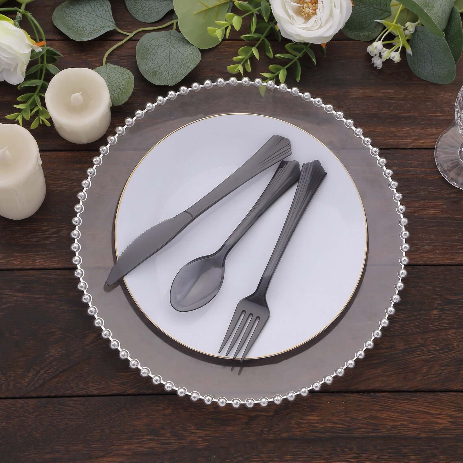 24-Pack Plastic Silverware Set 7" Transparent Black with Fan Flared Tip Handle - Heavy Duty Disposable Fork, Spoon, and Knife - Image 12