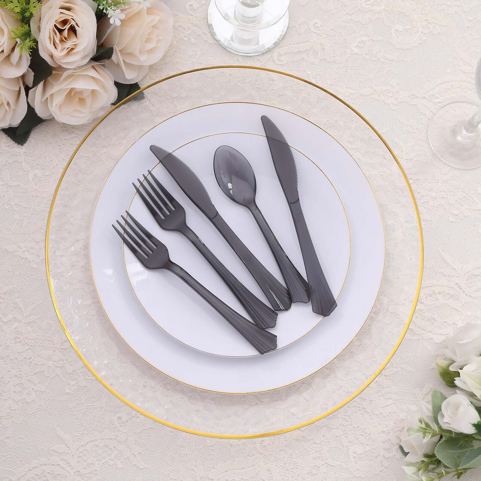 24-Pack Plastic Silverware Set 7" Transparent Black with Fan Flared Tip Handle - Heavy Duty Disposable Fork, Spoon, and Knife - Image 2