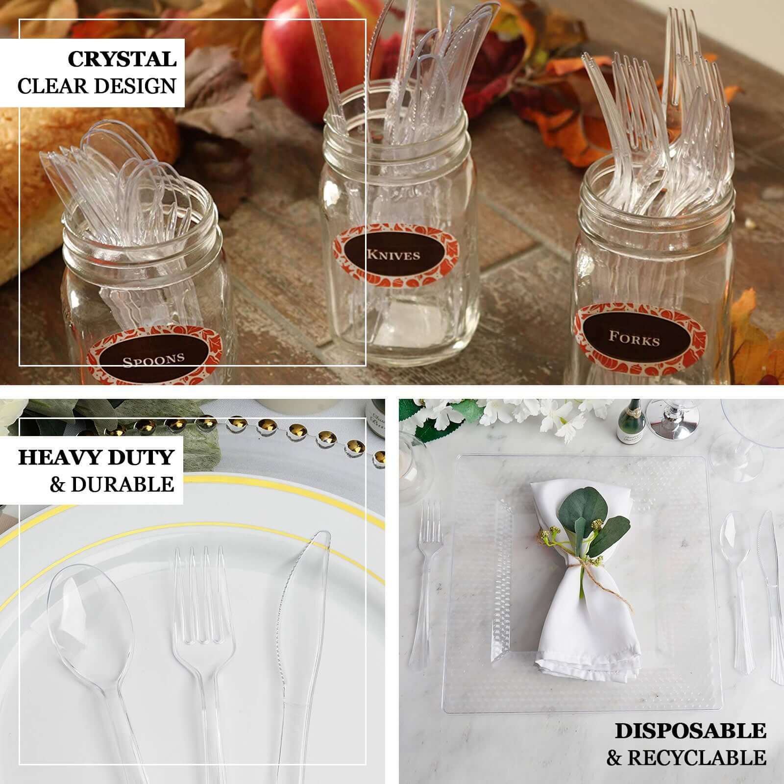 24-Pack Plastic Silverware Set 7" Transparent Black with Fan Flared Tip Handle - Heavy Duty Disposable Fork, Spoon, and Knife - Image 4