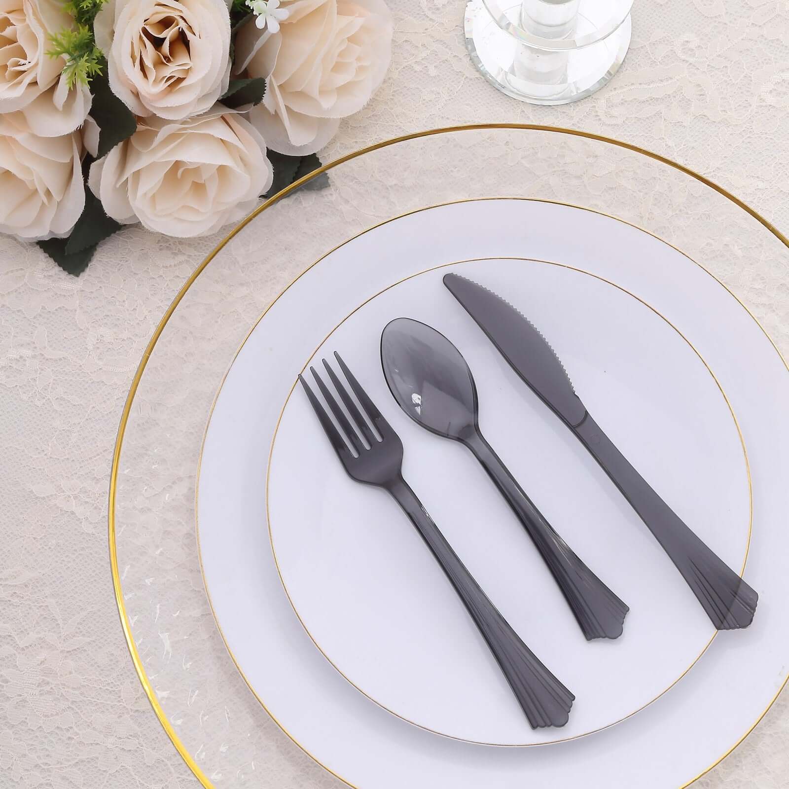24-Pack Plastic Silverware Set 7" Transparent Black with Fan Flared Tip Handle - Heavy Duty Disposable Fork, Spoon, and Knife - Image 6