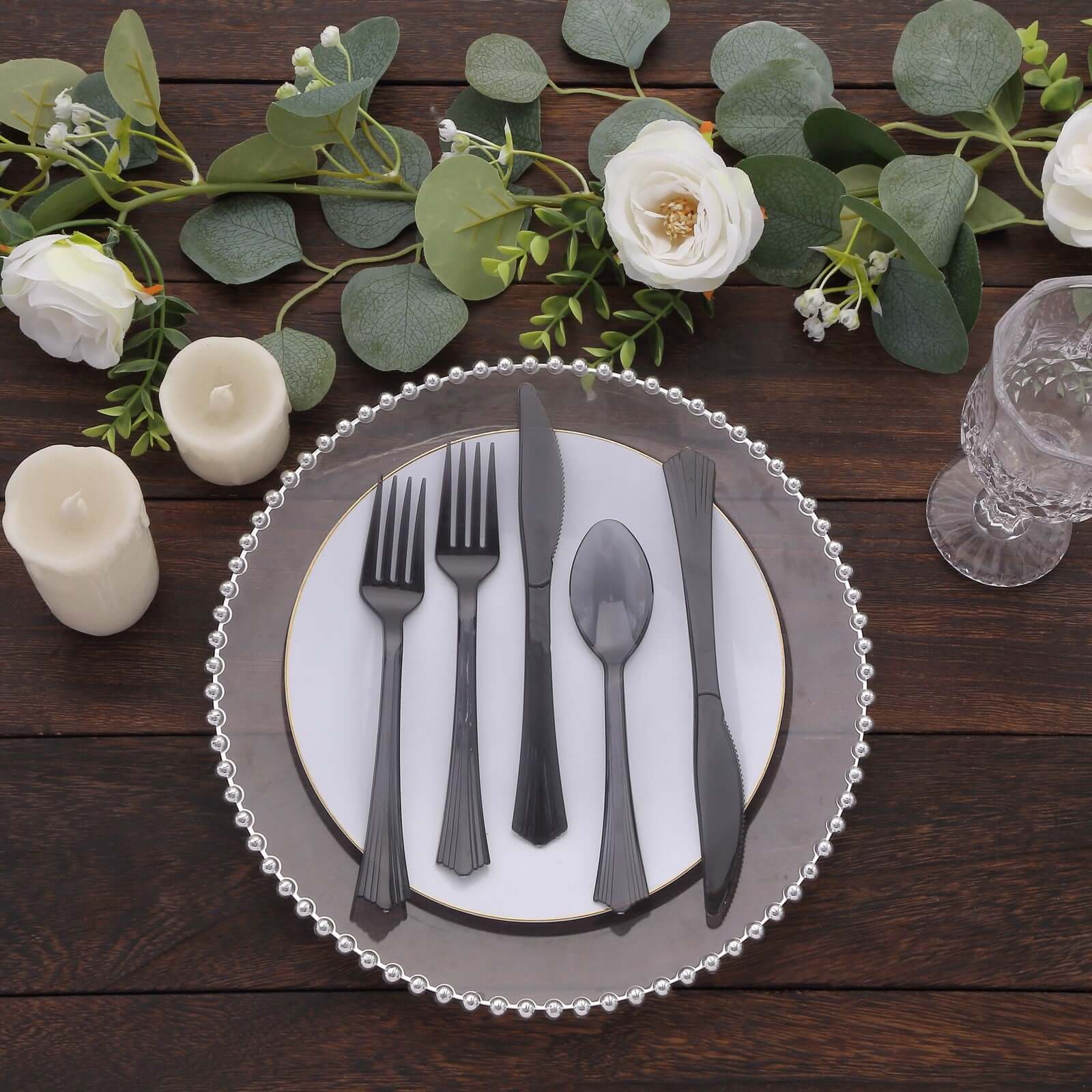 24-Pack Plastic Silverware Set 7" Transparent Black with Fan Flared Tip Handle - Heavy Duty Disposable Fork, Spoon, and Knife - Image 7