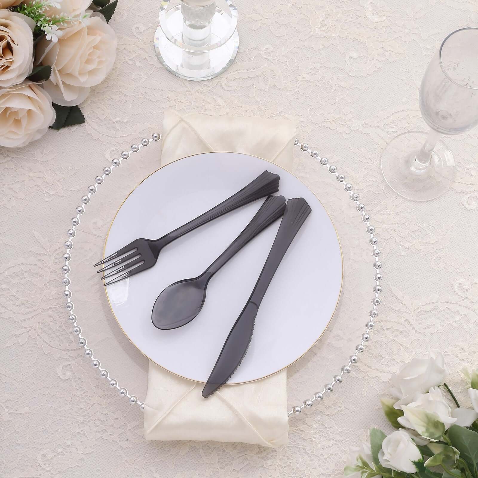 24-Pack Plastic Silverware Set 7" Transparent Black with Fan Flared Tip Handle - Heavy Duty Disposable Fork, Spoon, and Knife - Image 8