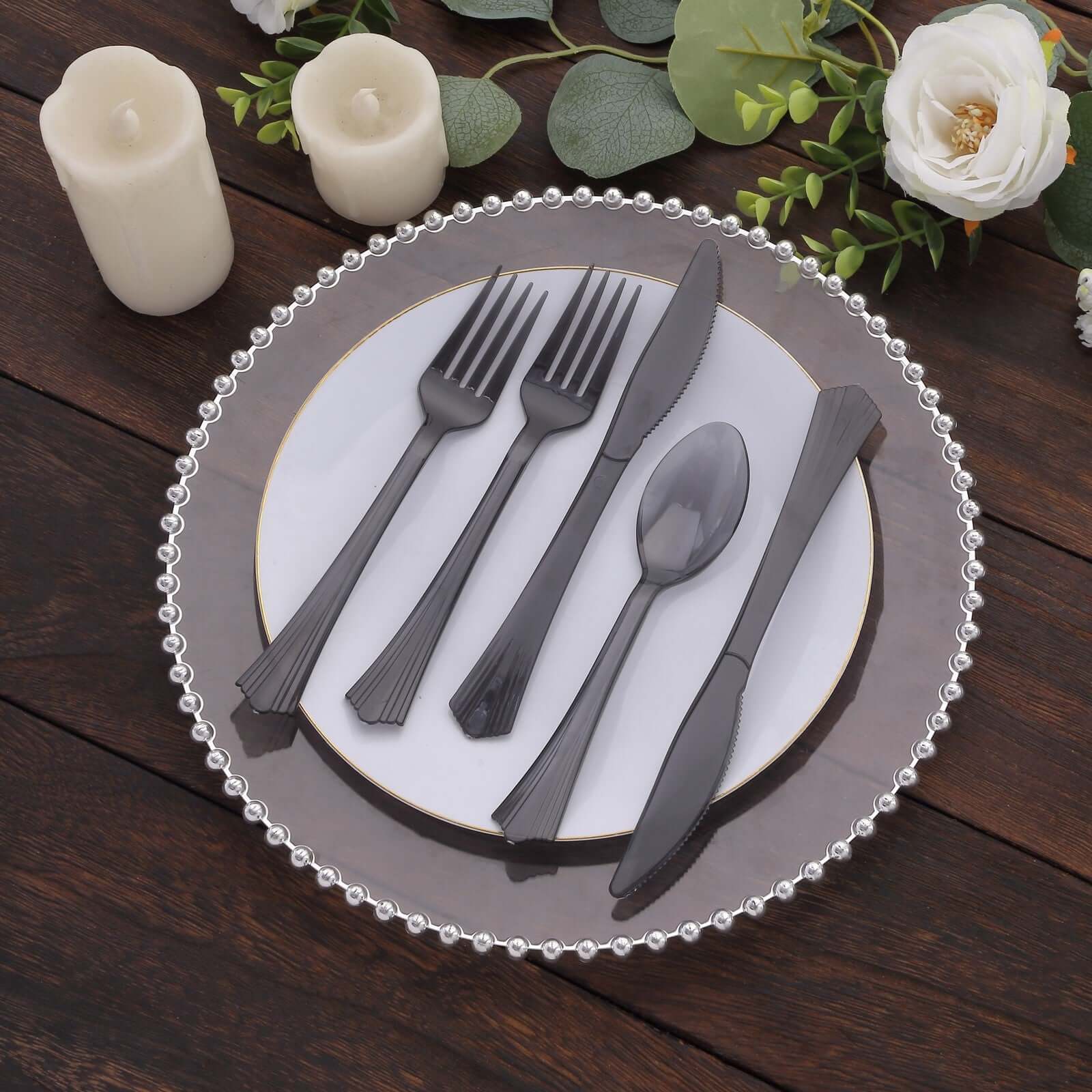 24-Pack Plastic Silverware Set 7" Transparent Black with Fan Flared Tip Handle - Heavy Duty Disposable Fork, Spoon, and Knife - Image 9