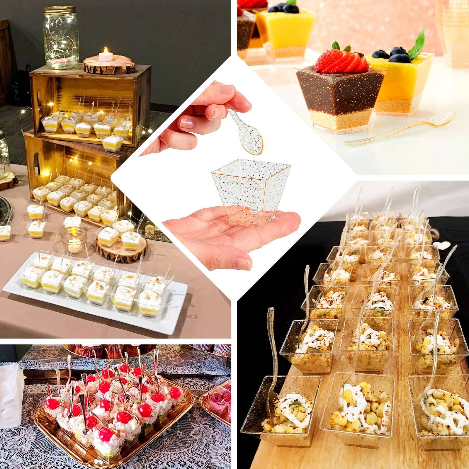 24-Pack Plastic Square Dessert Cups 2oz Clear with Gold Glitters - Disposable Snack Serving Bowls and Spoon Set for Ice Cream, Snacks & Sides - Image 5