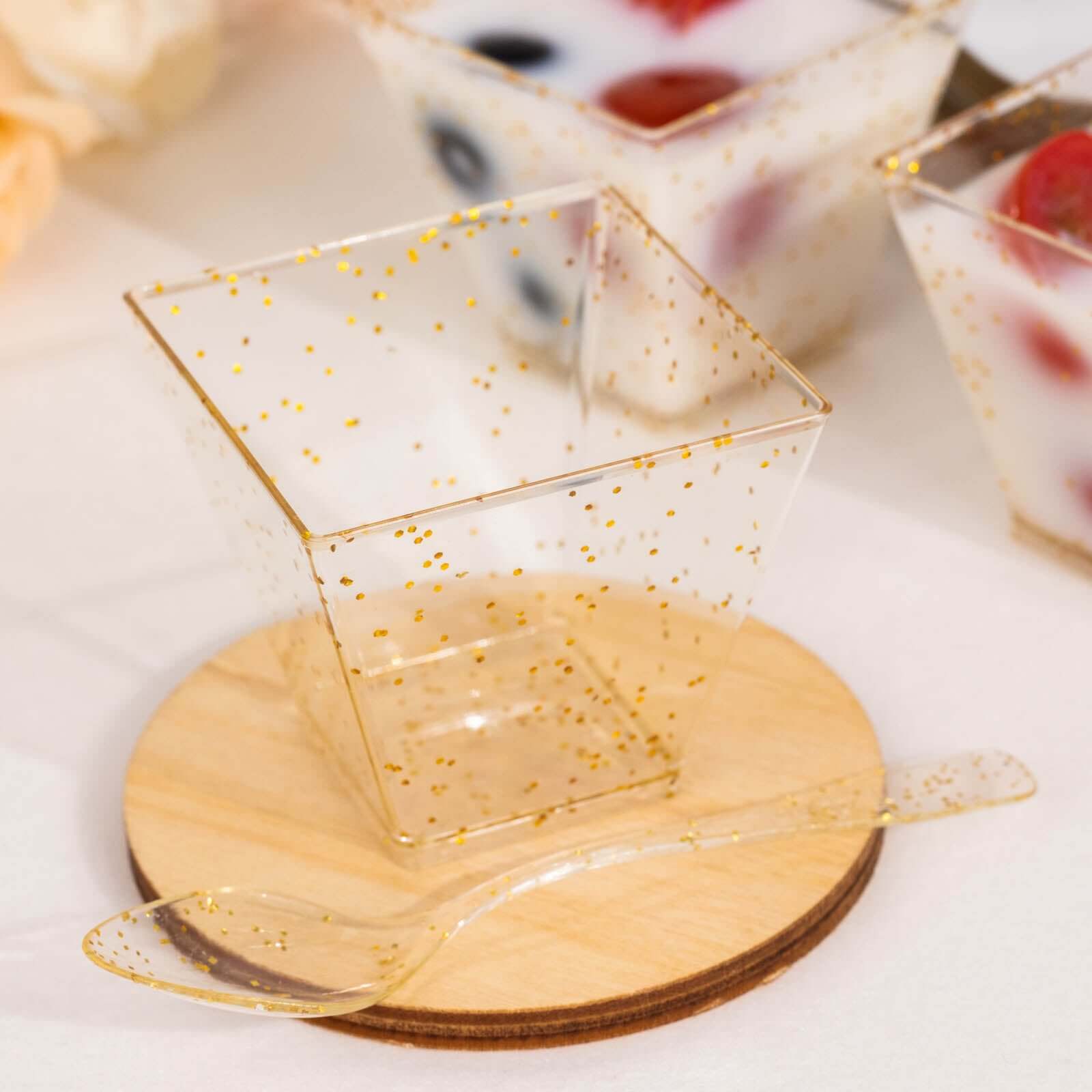 24-Pack Plastic Square Dessert Cups 2oz Clear with Gold Glitters - Disposable Snack Serving Bowls and Spoon Set for Ice Cream, Snacks & Sides - Image 6