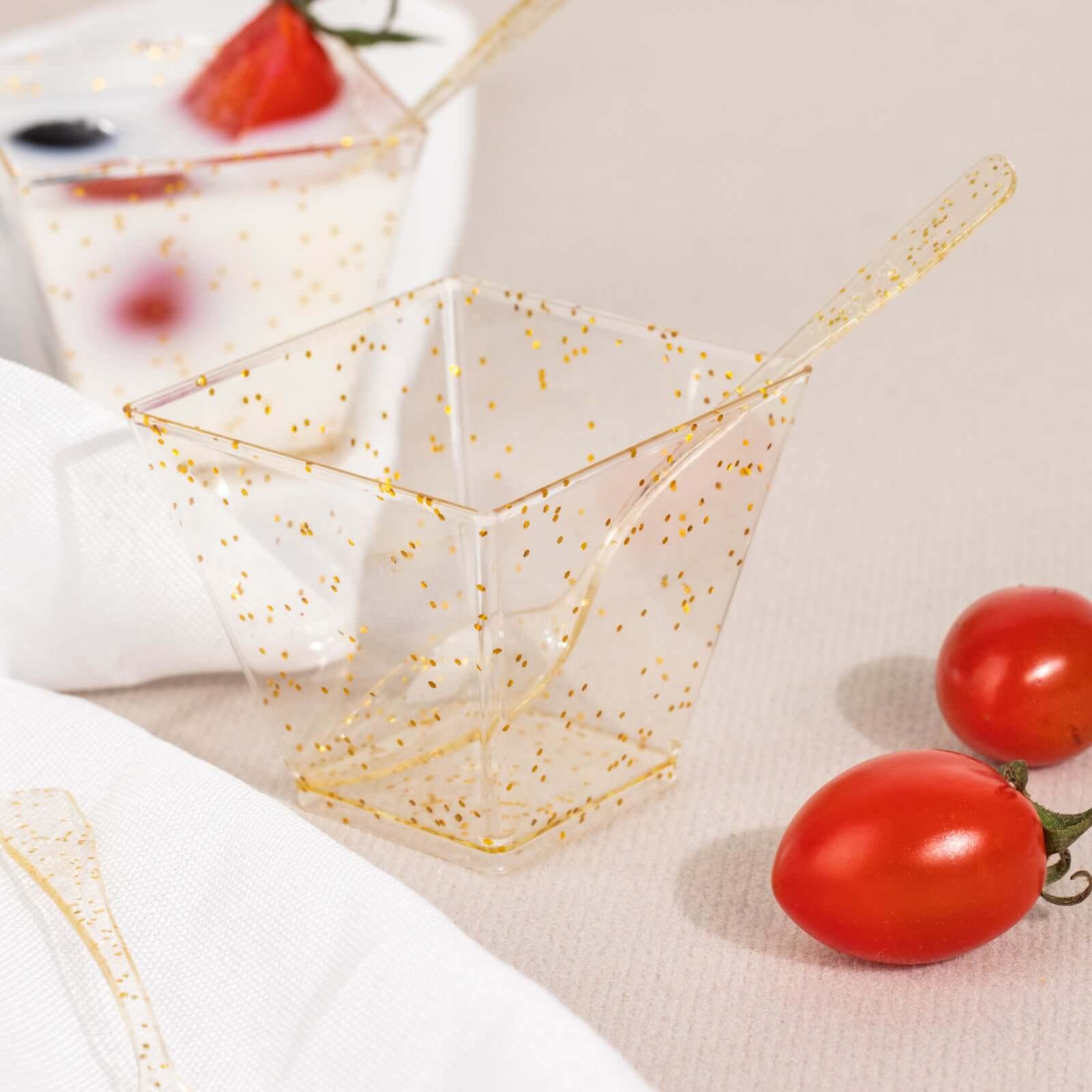 24-Pack Plastic Square Dessert Cups 2oz Clear with Gold Glitters - Disposable Snack Serving Bowls and Spoon Set for Ice Cream, Snacks & Sides - Image 8