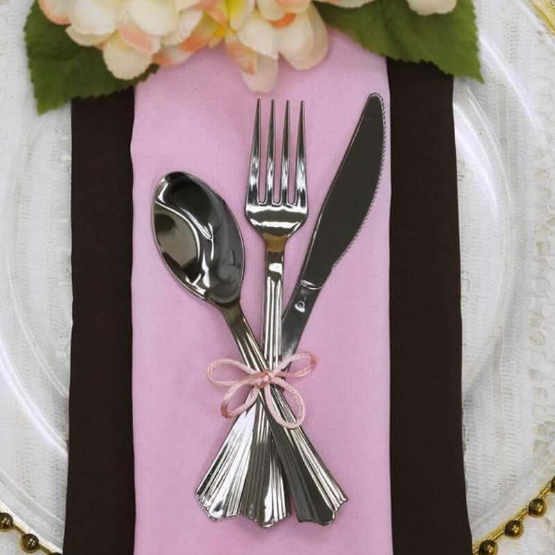 24-Pack Plastic Utensil Set 6", 7" Silver Heavy Duty with Fluted Handles - Disposable Silverware - Image 2