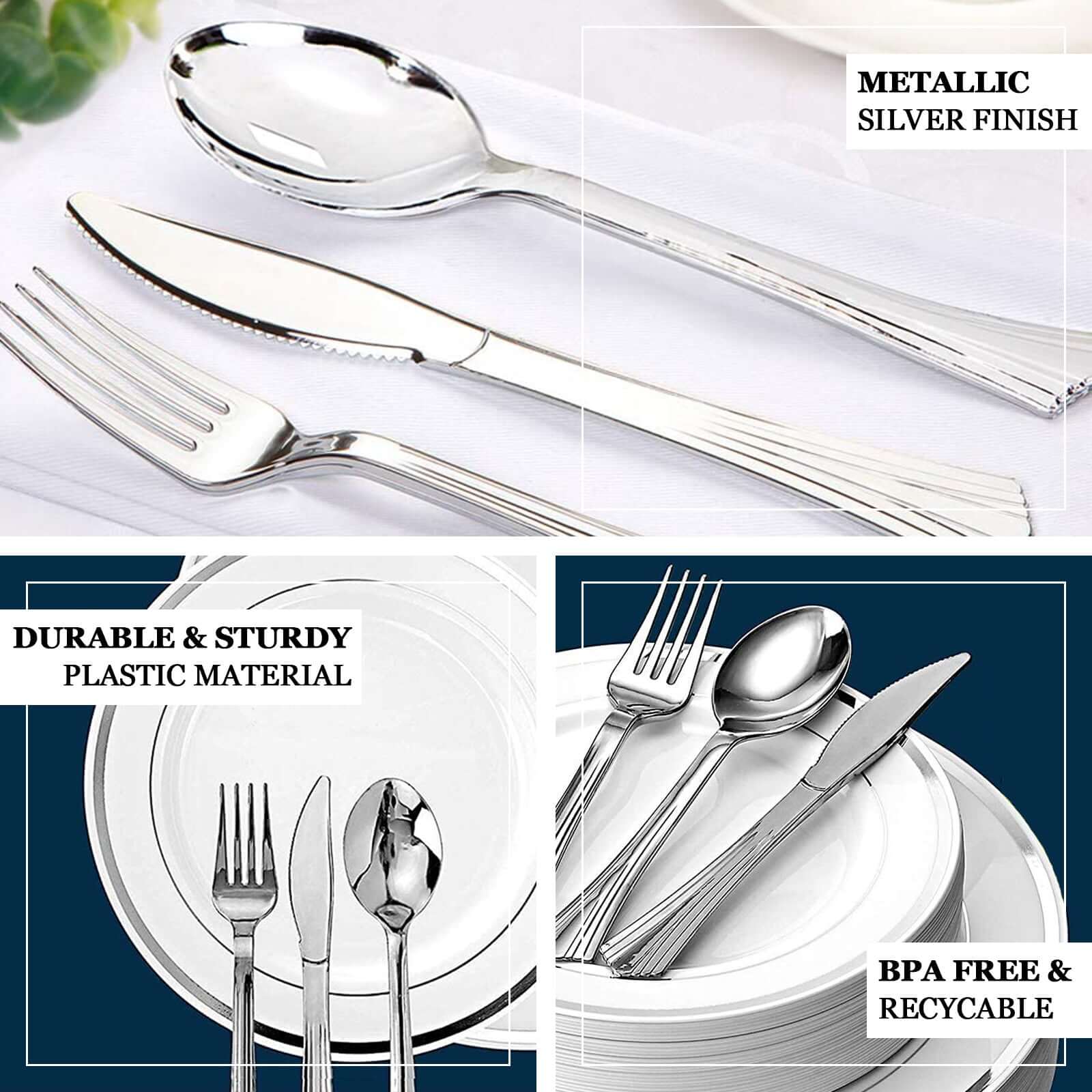 24-Pack Plastic Utensil Set 6", 7" Silver Heavy Duty with Fluted Handles - Disposable Silverware - Image 4