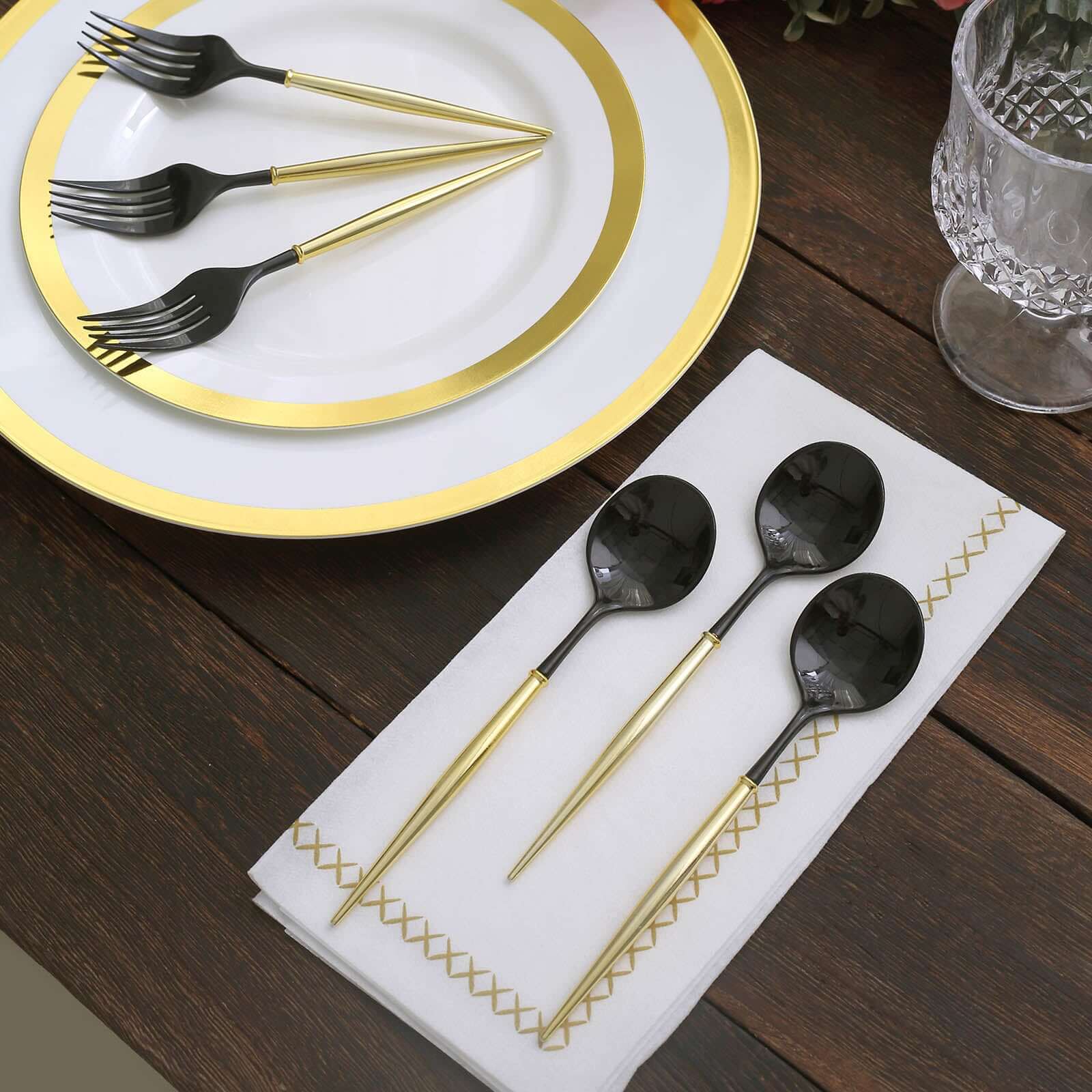 24-Pack Plastic Utensil Set 6" Black/Gold - Premium Modern Heavy Duty Disposable Fork and Spoon - Image 10
