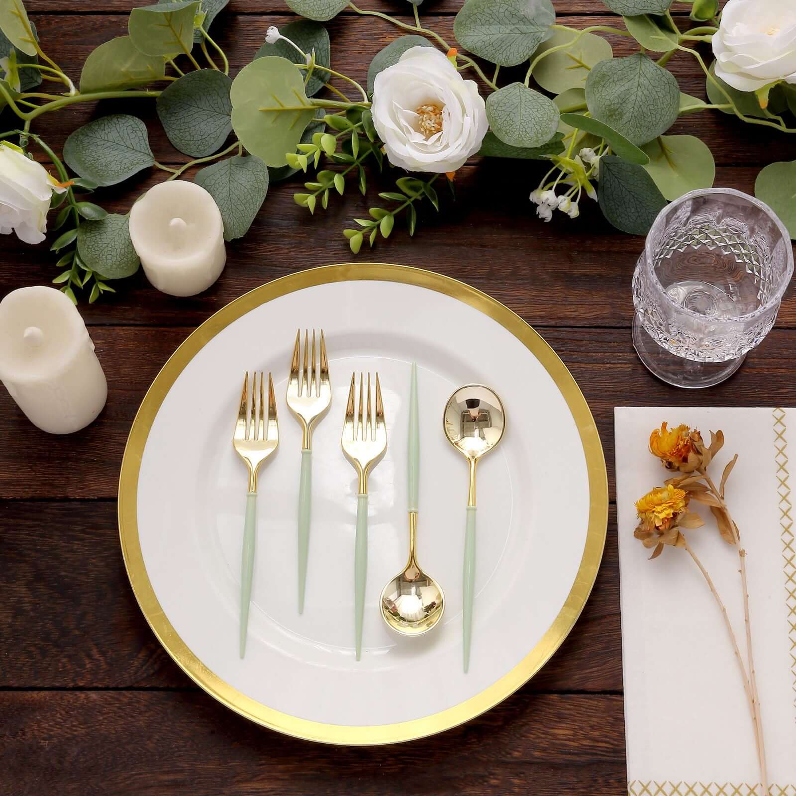24-Pack Plastic Utensil Set 6" Metallic Gold/Sage Green - Premium Modern Heavy Duty Disposable Fork and Spoon - Image 2